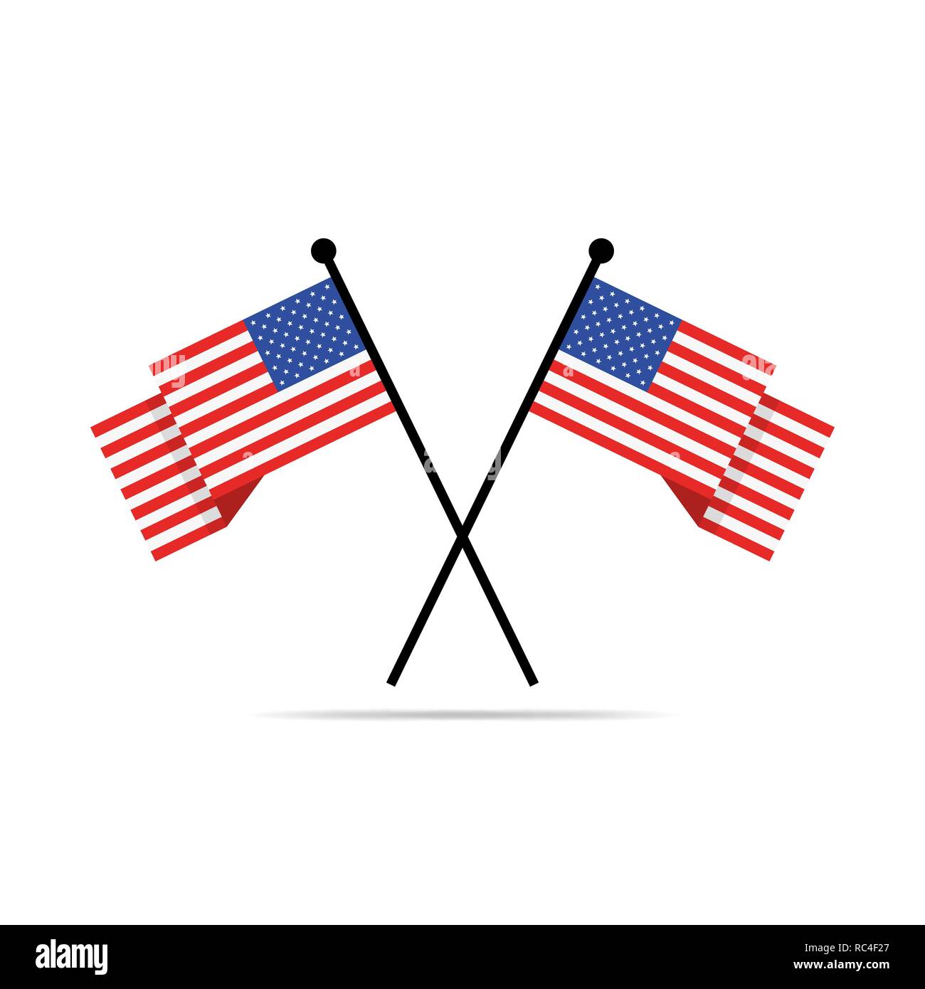 Zwei gekreuzte amerikanische Flaggen. Vector Illustration. Cartoon amerikanische Flaggen in flacher Ausführung, isoliert Stock Vektor