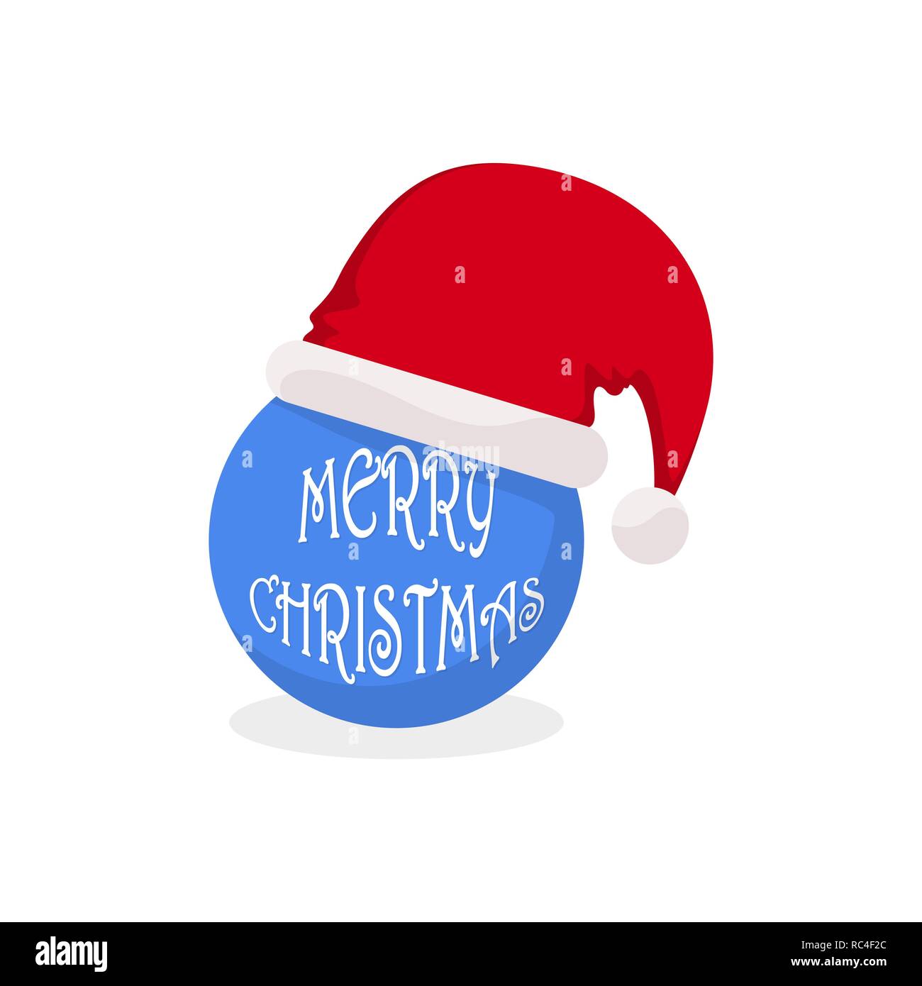 Santa Claus hut mit Blue Christmas Ball im flachen Design. Vector Illustration. Santa Hut mit Frohe Weihnachten text Stock Vektor