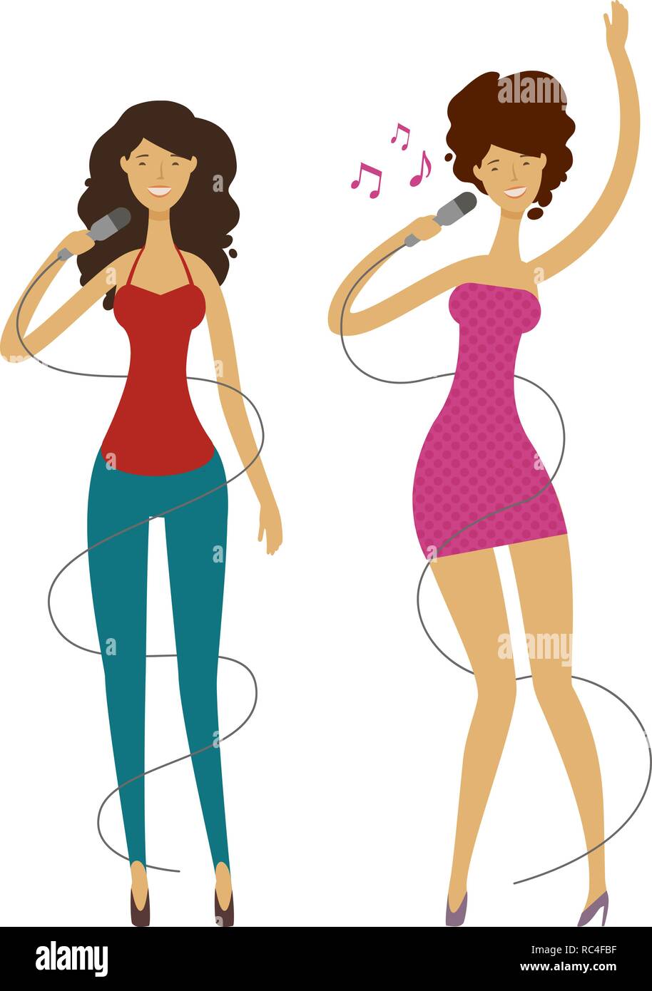 Sänger oder schöne Mädchen singen ein Lied in ein Mikrofon. Karaoke, Songs, Musik Konzept. Cartoon Vector Illustration Stock Vektor