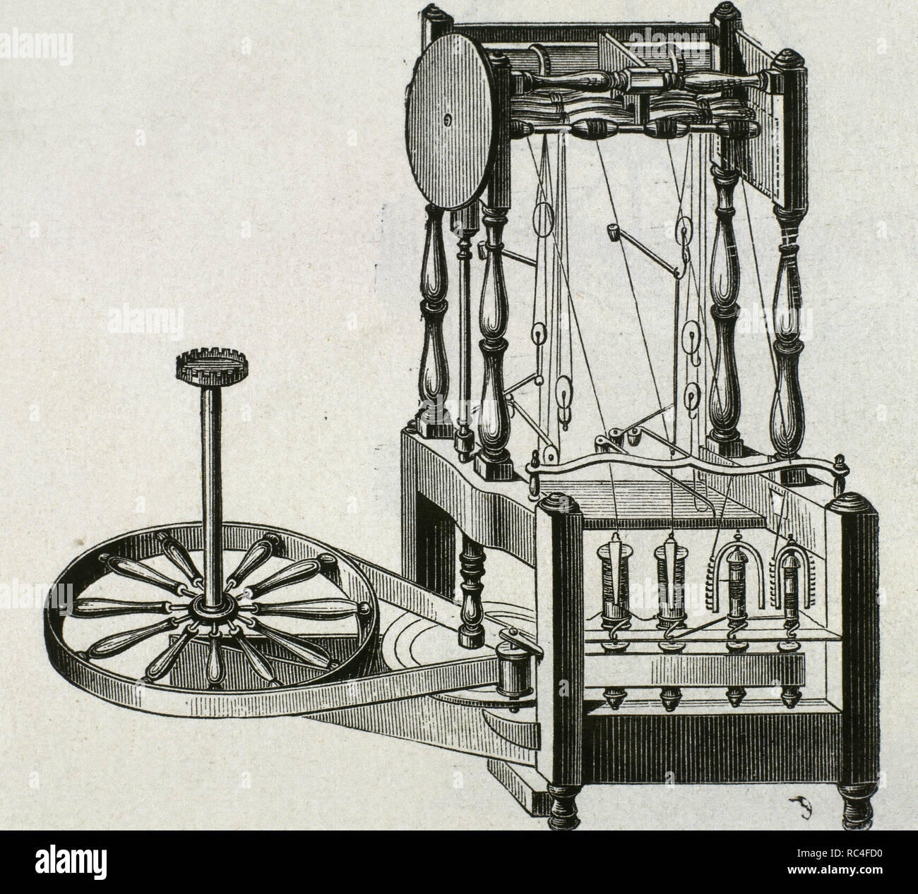 ARKWRIGHT EINFÄDLER. Im Jahre 1767 entworfen von Sir Richard Arkwright (1732-1792). Es war ein semi-mechanische Maschine für die Spinnerei Baumwolle, durch hydraulische Energie versorgt. 18. Gravur. Stockfoto