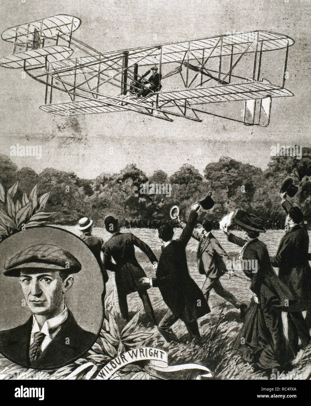 Wilbur Wright (1867-1912). Amerikanische Flieger. Mit seinem Bruder wird die Erfindung und erste erfolgreiche Flugzeug der Welt gutgeschrieben. Flugzeug fliegt über das Feld Anvours (Frankreich) mit einer Geschwindigkeit von 80 km/h. 1908. Abbildung. Stockfoto