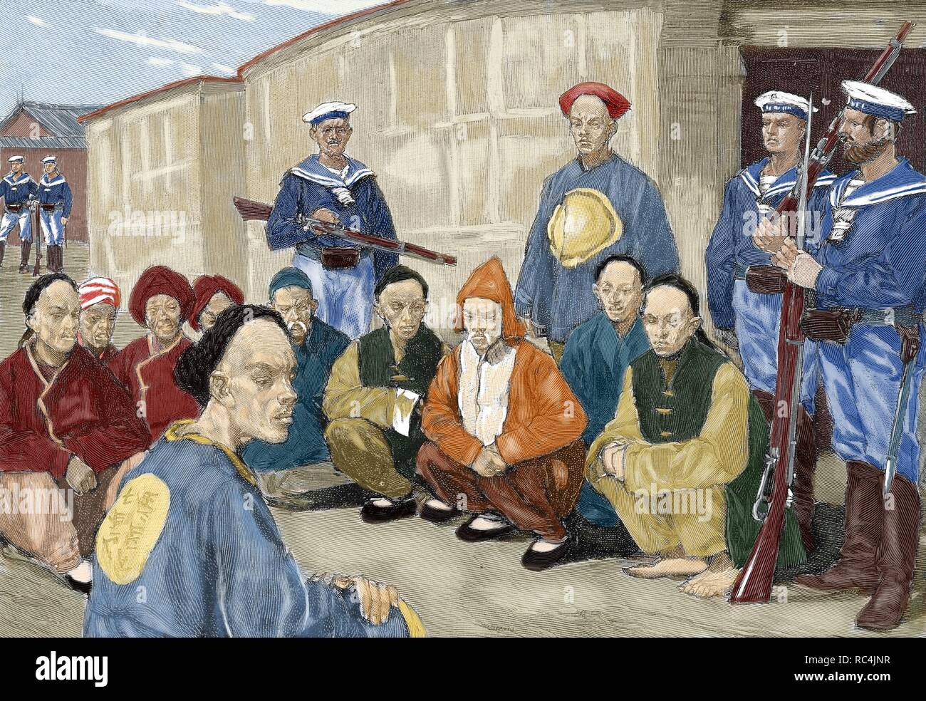 The Boxer Rebellion (1900). Boxer Gefangene in einem Dorf in China von deutschen Matrosen bewacht. Gravur durch Ätzen Gerlach. Gefärbt. Stockfoto