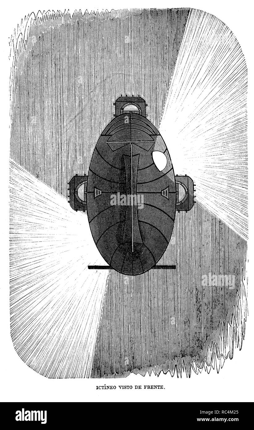 El Ictíneo, de Narciso Monturiol (1819-1885). Proyecto del Submarino visto De Frente. Grabado de 1860. Stockfoto