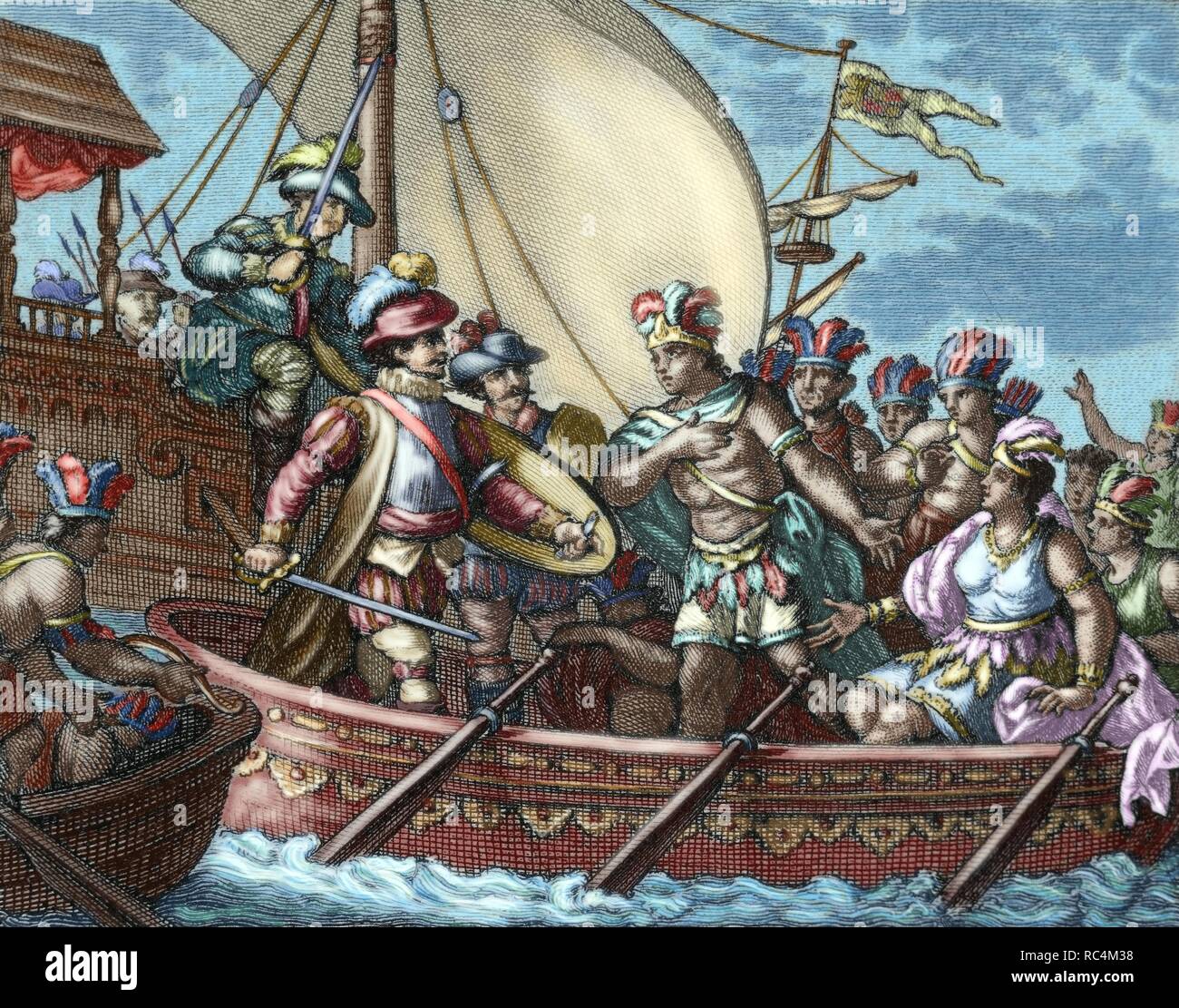 Eroberung von Mexiko. 16. Jahrhundert. Manizales wurde von Garcia Holguin erfasst auf der Flucht in ein Kanu mit ihrer Familie nach der Niederlage in der Schlacht von Tenochtitlan. Die wahre Geschichte der Eroberung von neuen Spanien von Bernal Diaz del Castillo. Kupferstich, koloriert, 1807. Stockfoto