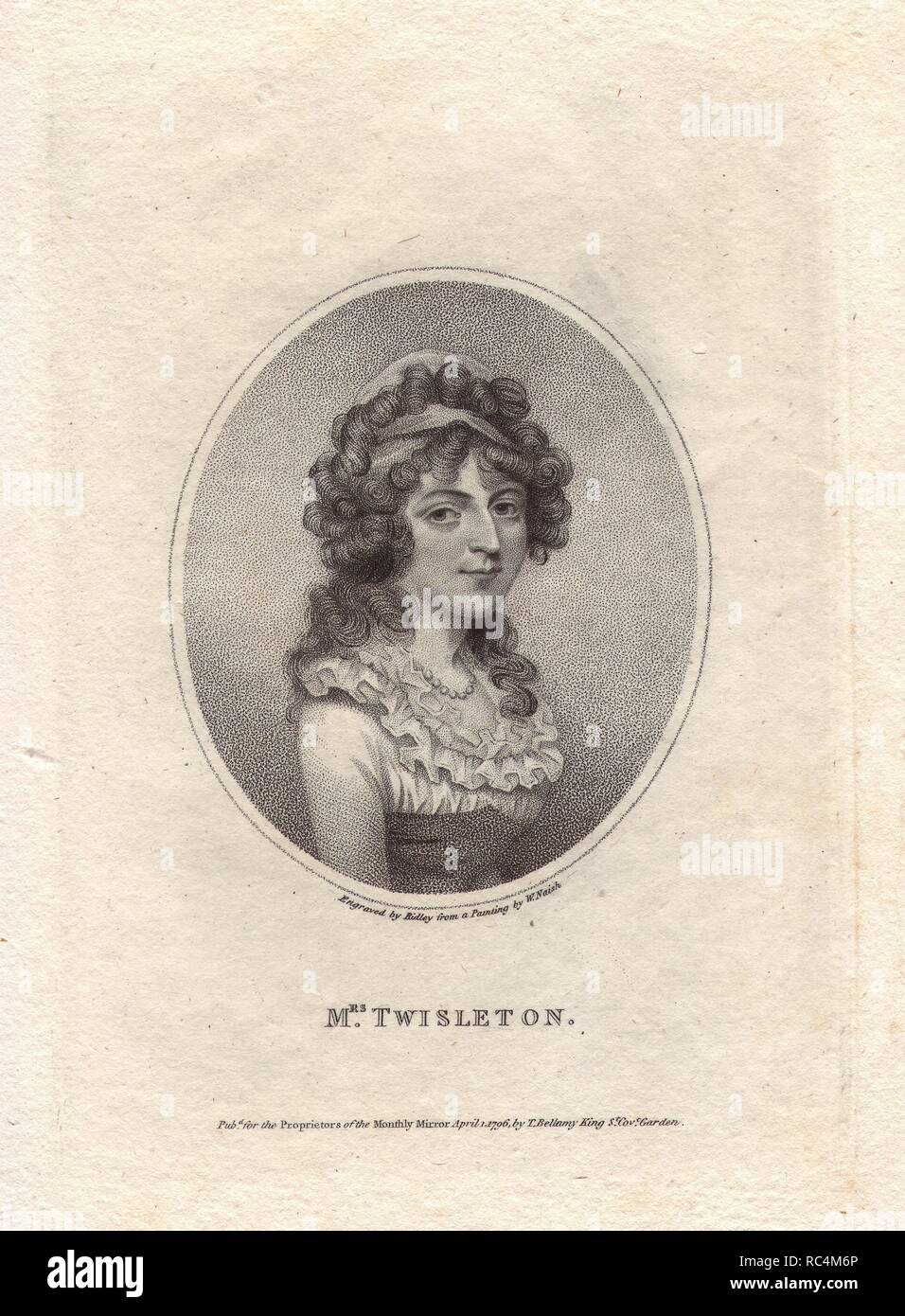 Frau Charlotte Ann Wattell Twistleton, nee, auf der Höhe ihrer berüchtigten Karriere im Jahr 1798.. . Frau Twistleton traf ihren Mann Thomas, Erbe des Herrn sagen und Sele, an einem privaten Theater und debütierte auf die professionelle Stufe im Jahre 1793. Gegen den Willen der Familie, Charlotte ging zum Covent Garden und hatten später einen angeblichen Affäre mit Herr Stein, die zur Scheidung im Jahr 1798. Charlotte setzte ihre Karriere auf der Bühne, aber verschwand in der Versenkung im provinziellen Amerika in den frühen 1800er Jahren.. . Kupferstich Auftragen von ridley von einem Porträt Malerei graviert von W. Naish von der monatlichen Spiegel, 'Veröffentlichen Stockfoto