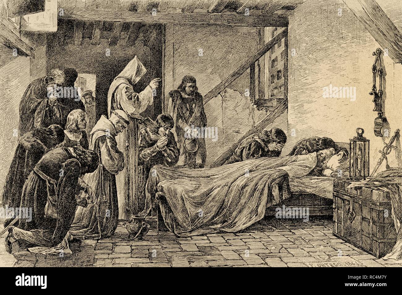 Christopher Columbus (1451-1506). Explorer und Navigator Genuesen. Tod von Columbus. Kupferstich von N. Vazquez nach einem Gemälde von Francisco Ortego. Die künstlerische Illustration, 1892. Stockfoto