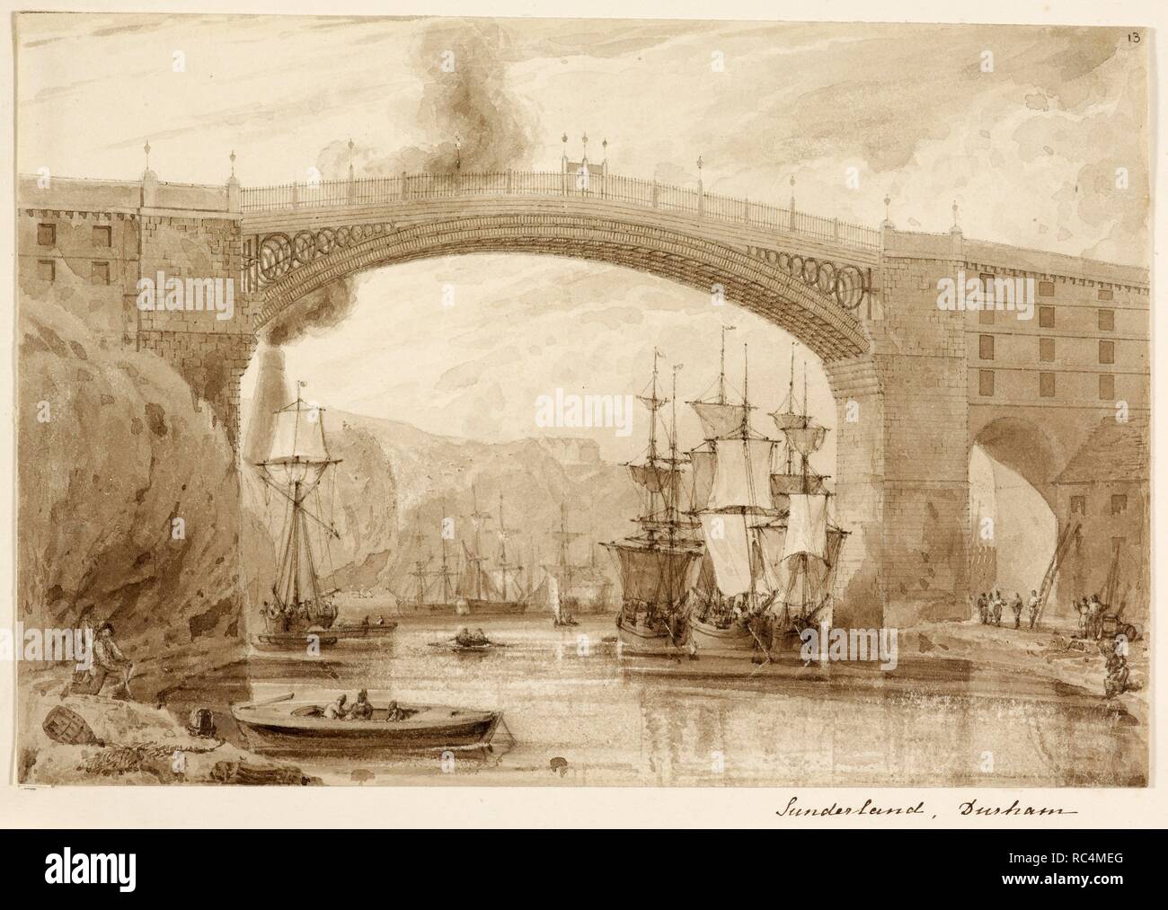 Eine Bauzeichnung der großen Eisenbahnbrücke über den Fluss in Sunderland, Durham tragen. Eine frühe Iron Bridge eröffnet in 1796. Tall Ships auf dem Fluss. . BLORE ZEICHNUNGEN: Architektonische und topographischen Zeichnungen von Edward Blore. England 1811. 42000-42047. BLORE ZEICHNUNGEN: Architektonische und topographischen Zeichnungen von Edward Blore (1787-1879), Architekt und Antiquar, unsigned und un-datiert (mit sehr wenigen Ausnahmen), aber in vielen Fällen für oder in verwendet, seines Vaters (Thomas Blore's) Geschichte von Rutland, I, Teil II, 1811; für Surtees der Geschichte und Altertümer von Durham, 1816-1840; für seine Stockfoto