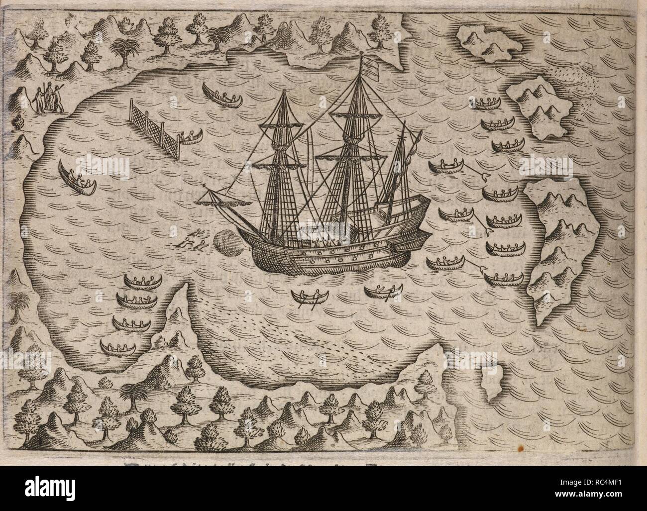 Eine Abbildung eines Hafens in Amerika. Eine Flotte von Segelschiffen, in einer geschützten Bucht. Topographische details. . Blick auf den Golf. Utrecht, 1649. Noort, Olivier Van, 1558 oder 9-1627. Quelle: 1061. g. 19. (4) 58. Stockfoto