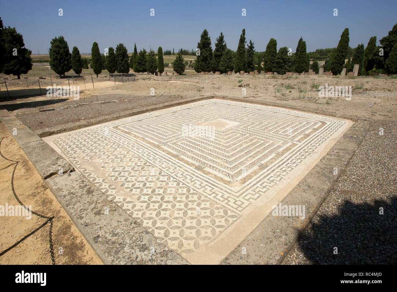 Spanien. Römischen Stadt Italica. 206 v. Chr. gegründet. Haus des Neptun. Labyrinth-Mosaik. Domus-Roman. Stockfoto