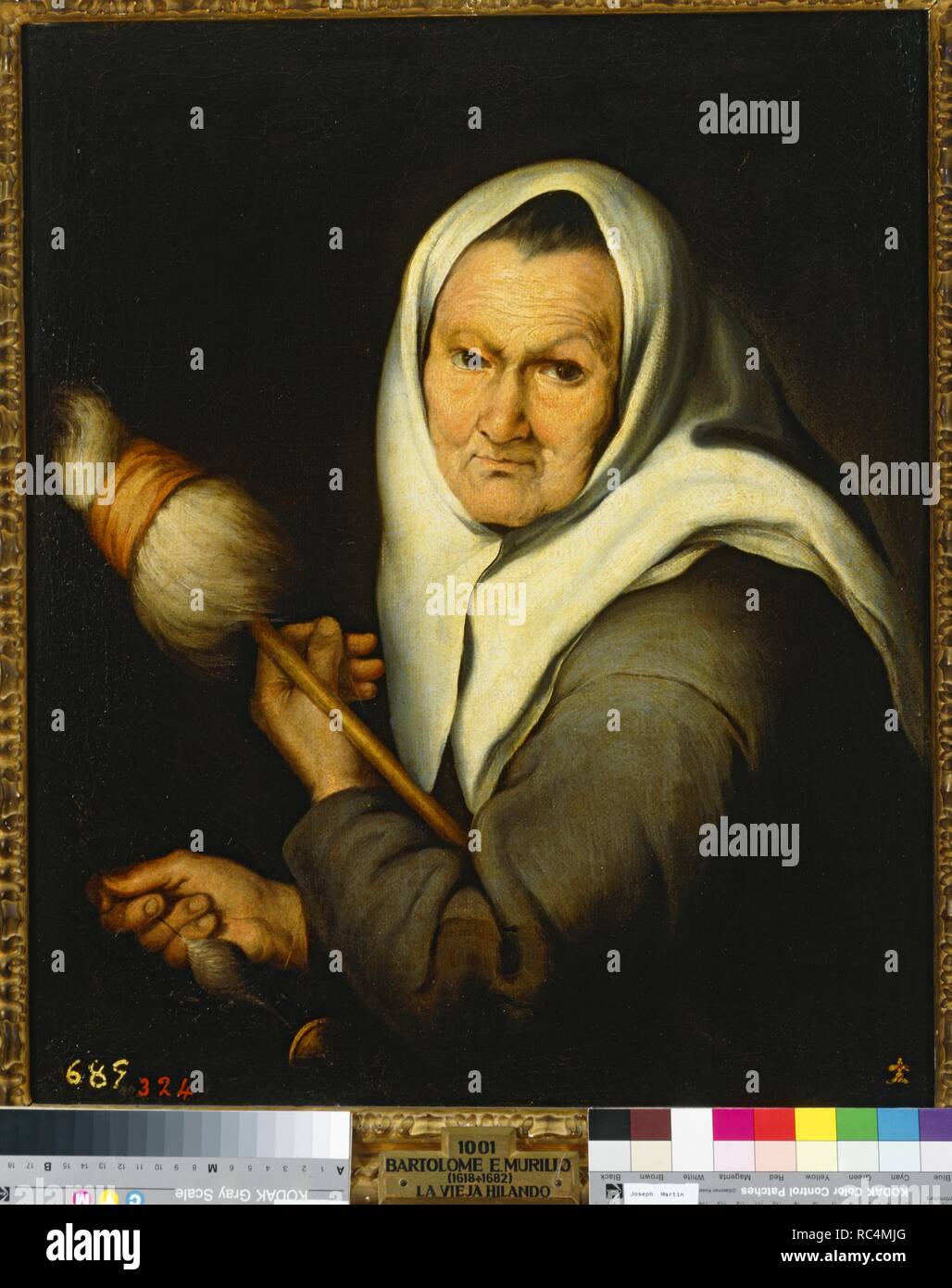 Vieja hilando. Museum: Museo del Prado Madrid España. Autor: MURILLO, Bartolome Esteban. Stockfoto