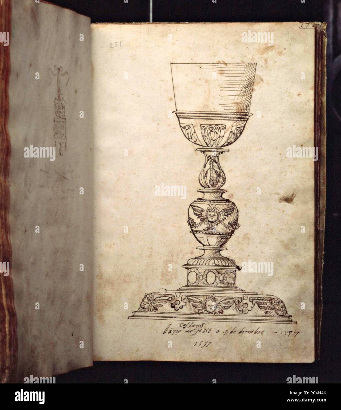 Chalice Design von Llatzer de la Castanya, 16. "Llibres von Passsanties', silberschmied's Guild. Museum: Museo de Historia, Barcelona. Stockfoto