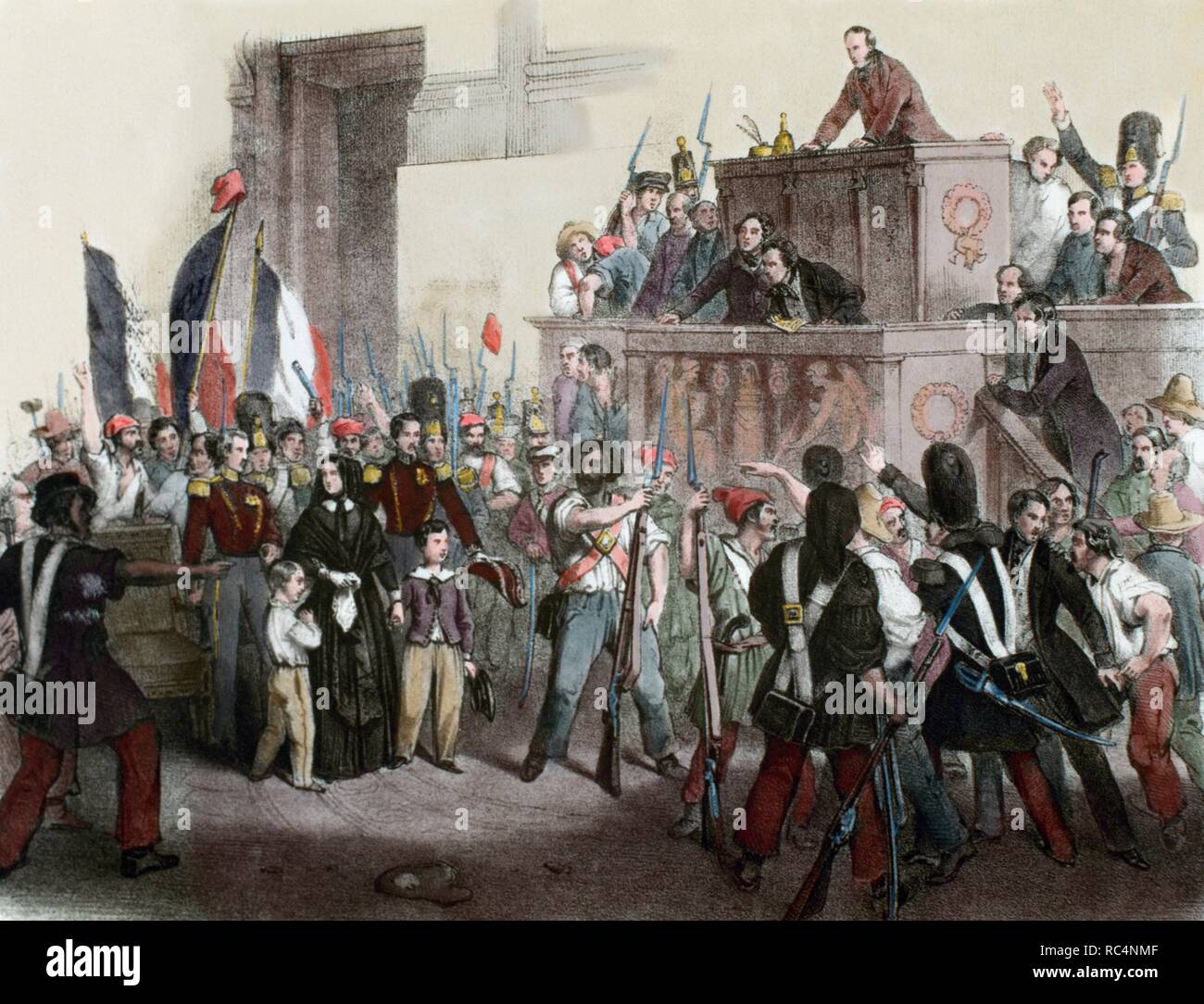 Frankreich. Liberale Revolution 1848. Volksaufstand zu zwingen, die Abdankung des Königs Louis Philippe von Orleans und der zweiten Republik (Tage 22. bis 24. Februar) zu verkünden. Nationalversammlung von Menschen, 24. Februar 1848 überfallen. Farbige Gravur. Stockfoto