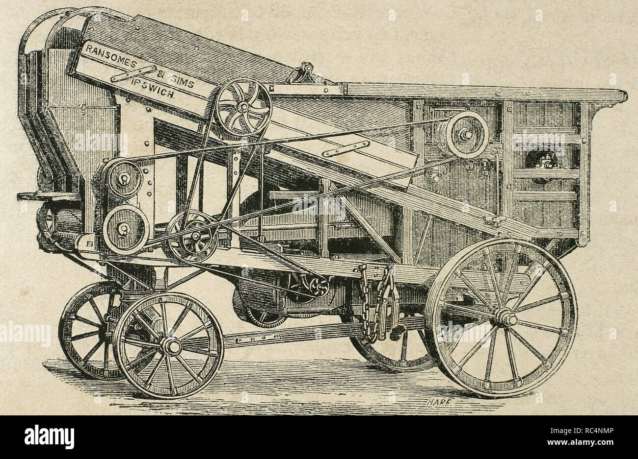 Industrielle Revolution. Landwirtschaftliche Maschinen. Dreschmaschine. H-Serie. Kupferstich von Haure. La Ilustracion Espanola y Americana, 1870. Stockfoto