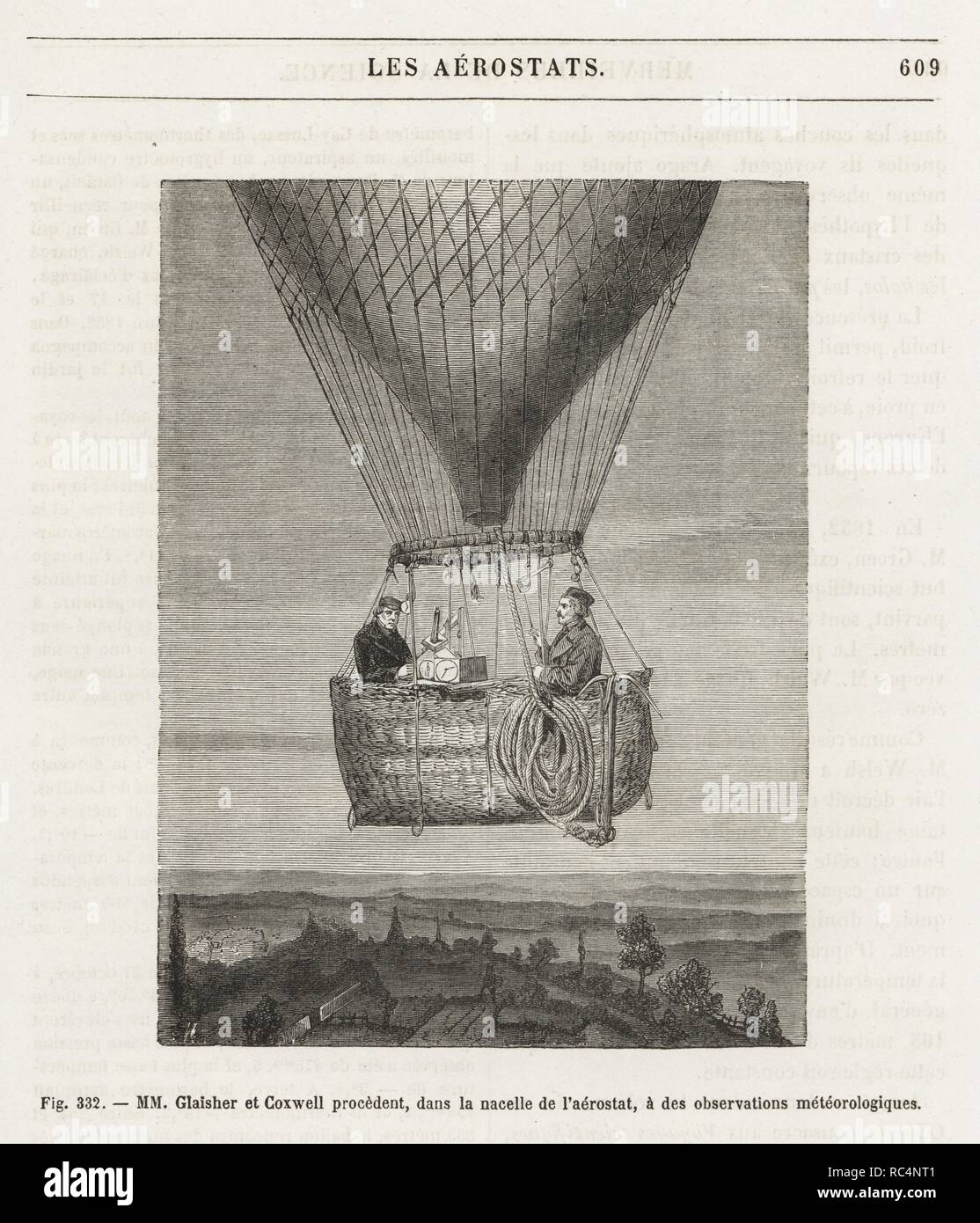 James Glaisher und Henry Tracey Coxwell Durchführung der meteorologischen Beobachtungen in der Gondel (Gondel) Ihrer Ballon. Holzschnitt Kupferstich von M. aus Louis Figuier's 'Les merveilles de la Science: Aerostats" (Wunder der Wissenschaft: Luftballons), Furne, Jouvet et Cie, Paris, 1868. Stockfoto