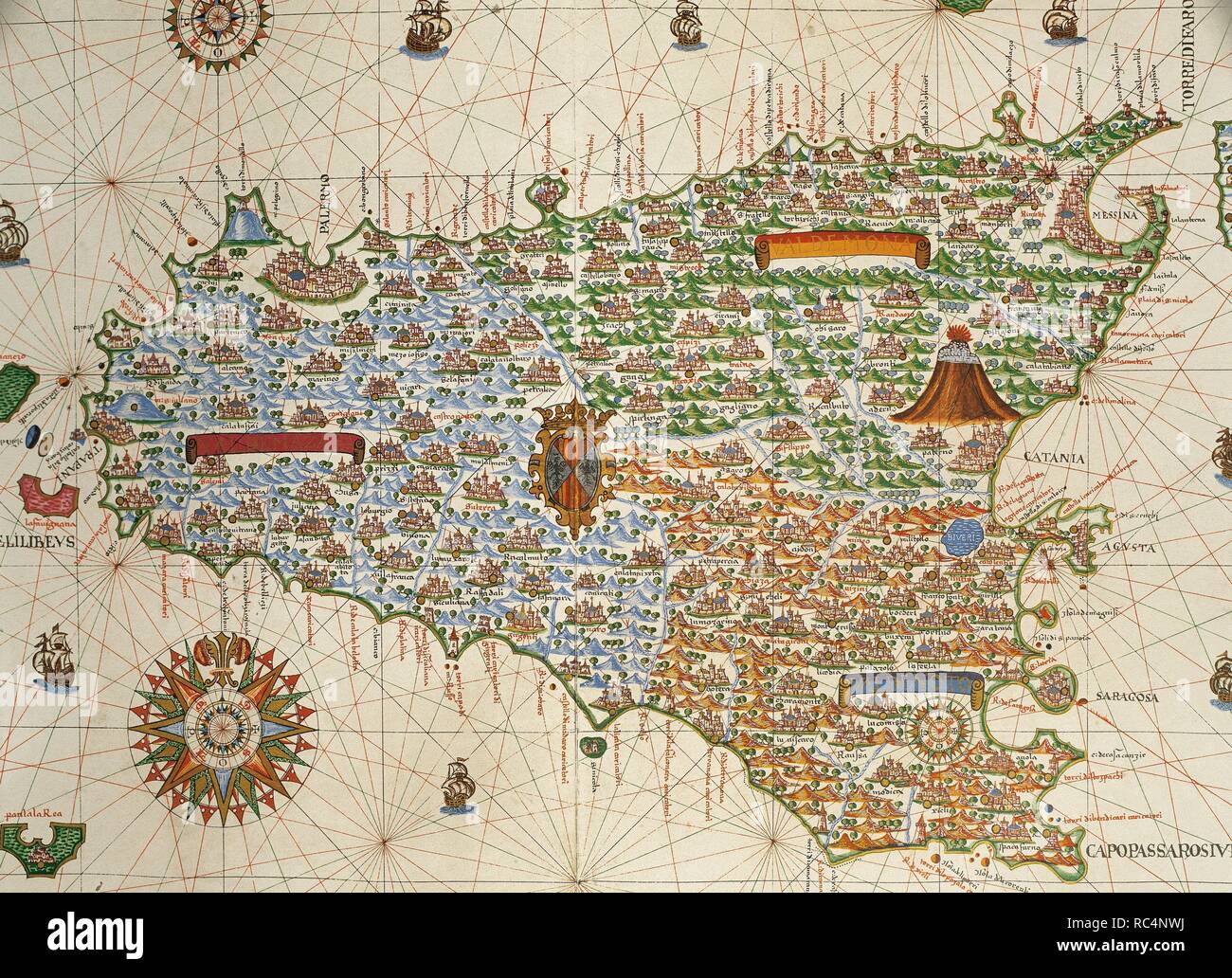 Insel Sizilien. Portolan chart von Joan Martines, Spanisch Kartograph ...