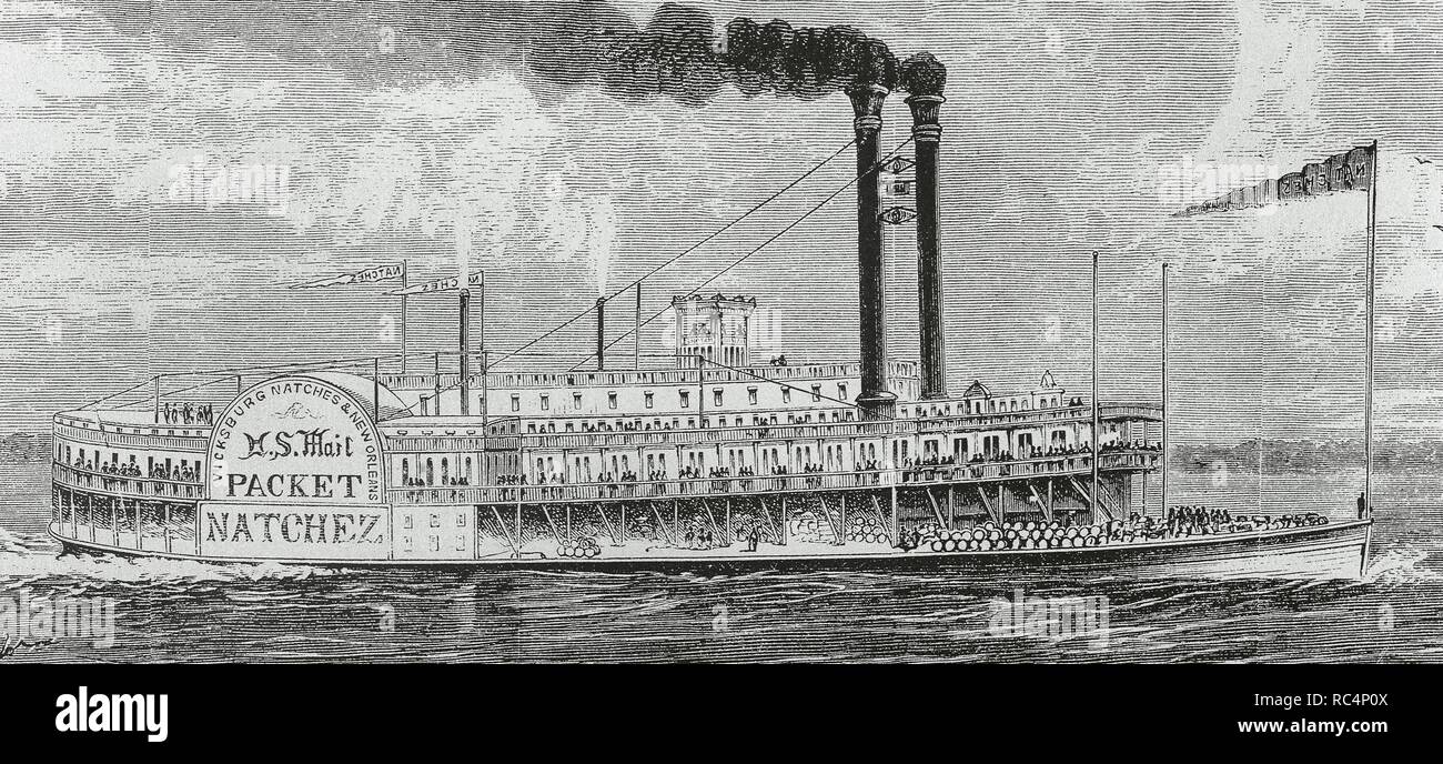 USA. des 19. Jahrhunderts. US-Mail Paket Natchez Dampf Boot segeln durch den Mississippi River. Louisiana. Gravur. Stockfoto