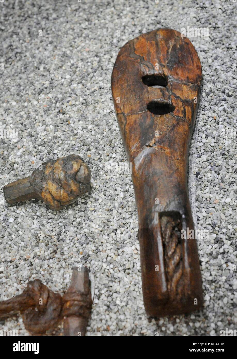 Detail der Teil einer Rassel wahrscheinlich wie ein Musikinstrument oder ein Objekt religiöse Rituale zu feiern. Gefunden auf der Grabkammer des Grabes der Oseberg-schiff. 9. Jahrhundert. Wikingerschiffmuseum. Oslo. Norwegen. Stockfoto