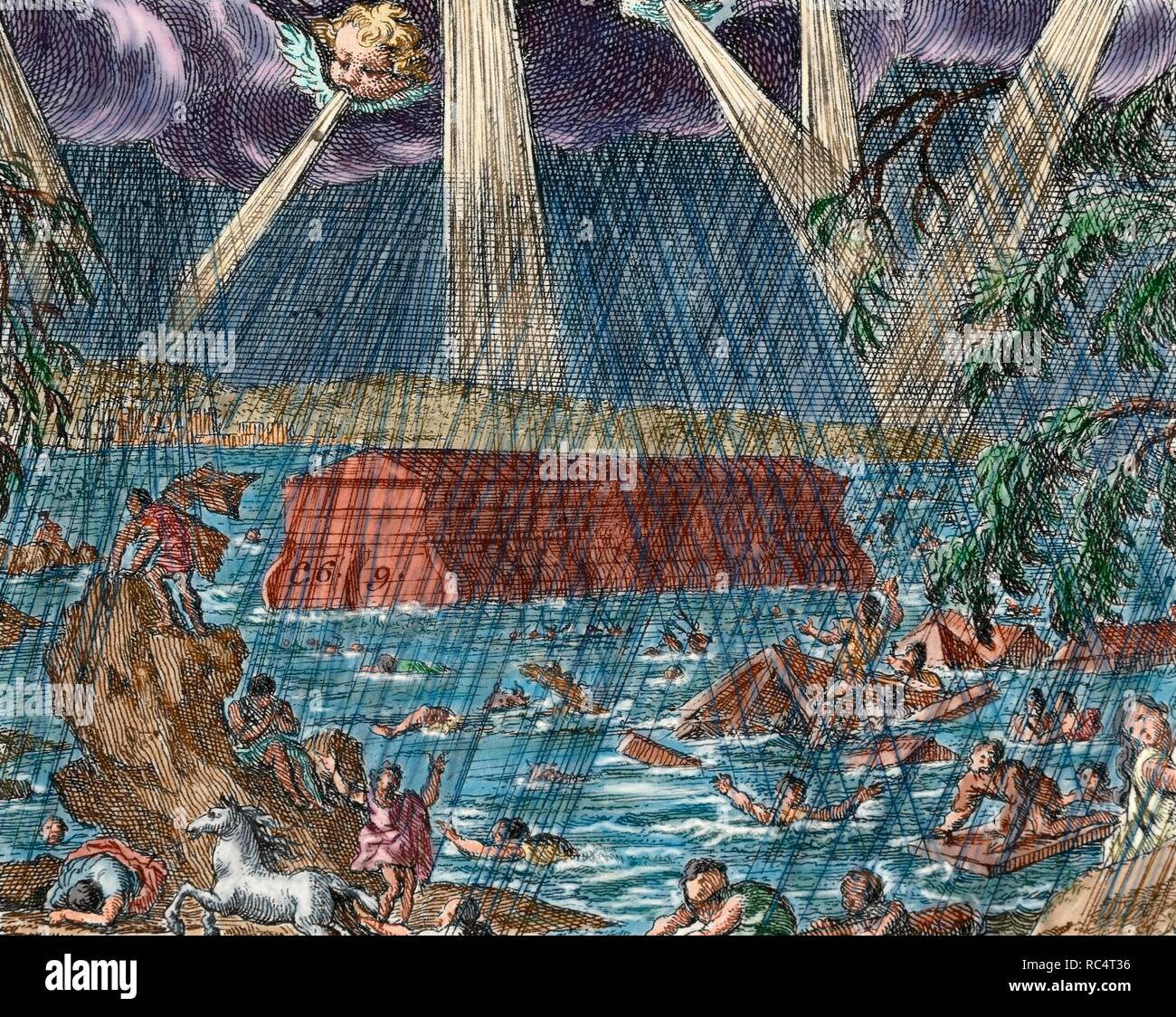 Die Sintflut. Noahs Arche Buch Genesis. Kapitel 6-9. Gravur. Farbige. Stockfoto