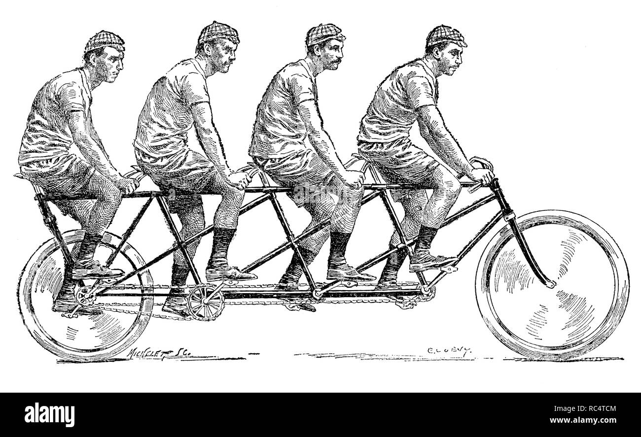 Frankreich. Die quadruplet, Tandem für vier Radfahrer. Gravur, 1894. Stockfoto