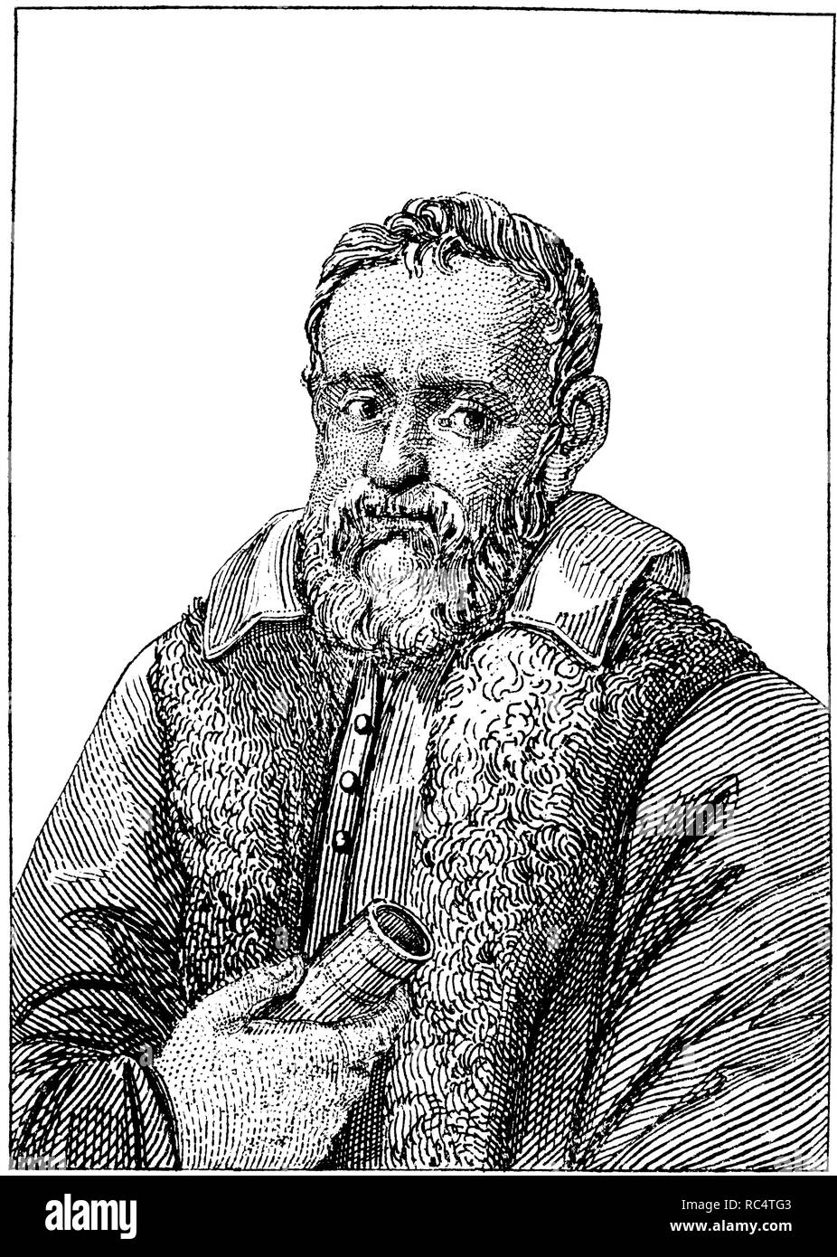 Galileo Galilei (15. Februar 1564 - vom 8. Januar 1642) war ein italienischer Universalgelehrten. Galileo ist eine zentrale Figur in der Übergang von der natürlichen Philosophie der modernen Wissenschaft und in der Transformation der wissenschaftlichen Renaissance in eine wissenschaftliche Revolution. Gravur, 1840. Stockfoto