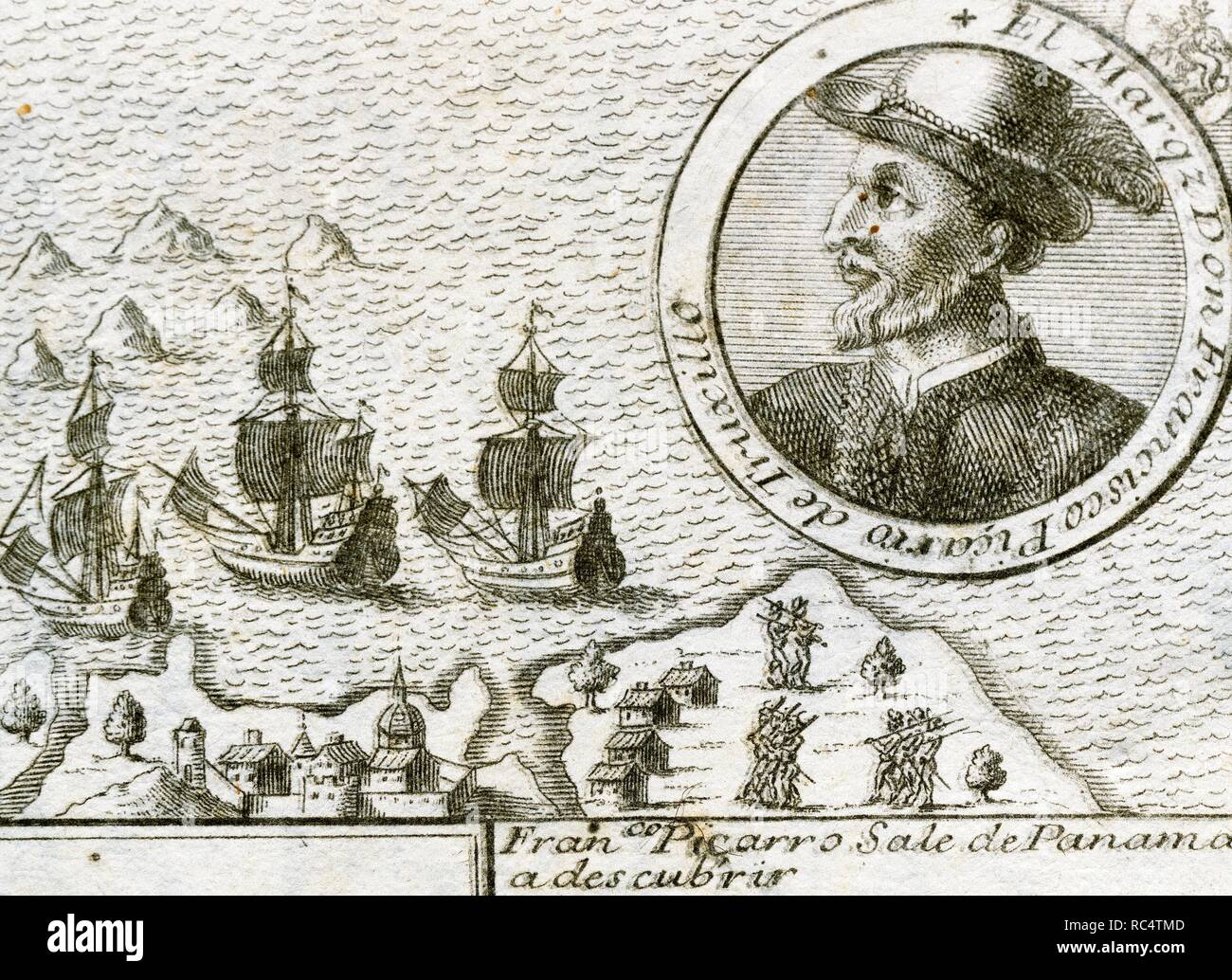 Francisco Pizarro y Gonzalez, 1 los Atabillos (c.1471 oder 1476-1541). Spanische Eroberer des Inkareiches und Gründer von Lima. Peru. Pizarro von Panama in Richtung Süden. Gravur, 1726. Stockfoto