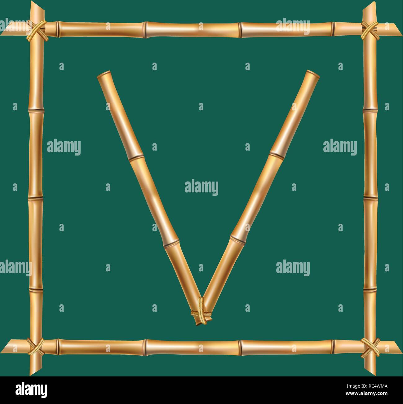 Vektor Bambus Alphabet. Großbuchstabe v aus realistischen Braune trockene Bambusstäbe innerhalb von hölzernen Stock Frame auf grünem Hintergrund isoliert. Abc conce Stock Vektor