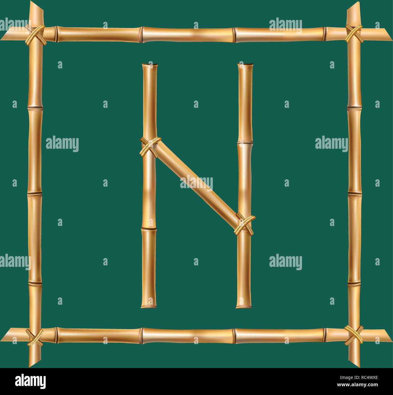 Vektor Bambus Alphabet. Großbuchstabe N aus realistischen Braune trockene Bambusstäbe innerhalb von hölzernen Stock Frame auf grünem Hintergrund isoliert. Abc conce Stock Vektor