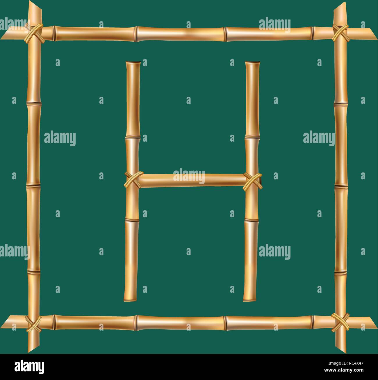 Vektor Bambus Alphabet. Großbuchstabe h aus realistischen Braune trockene Bambusstäbe innerhalb von hölzernen Stock Frame auf grünem Hintergrund isoliert. Abc conce Stock Vektor