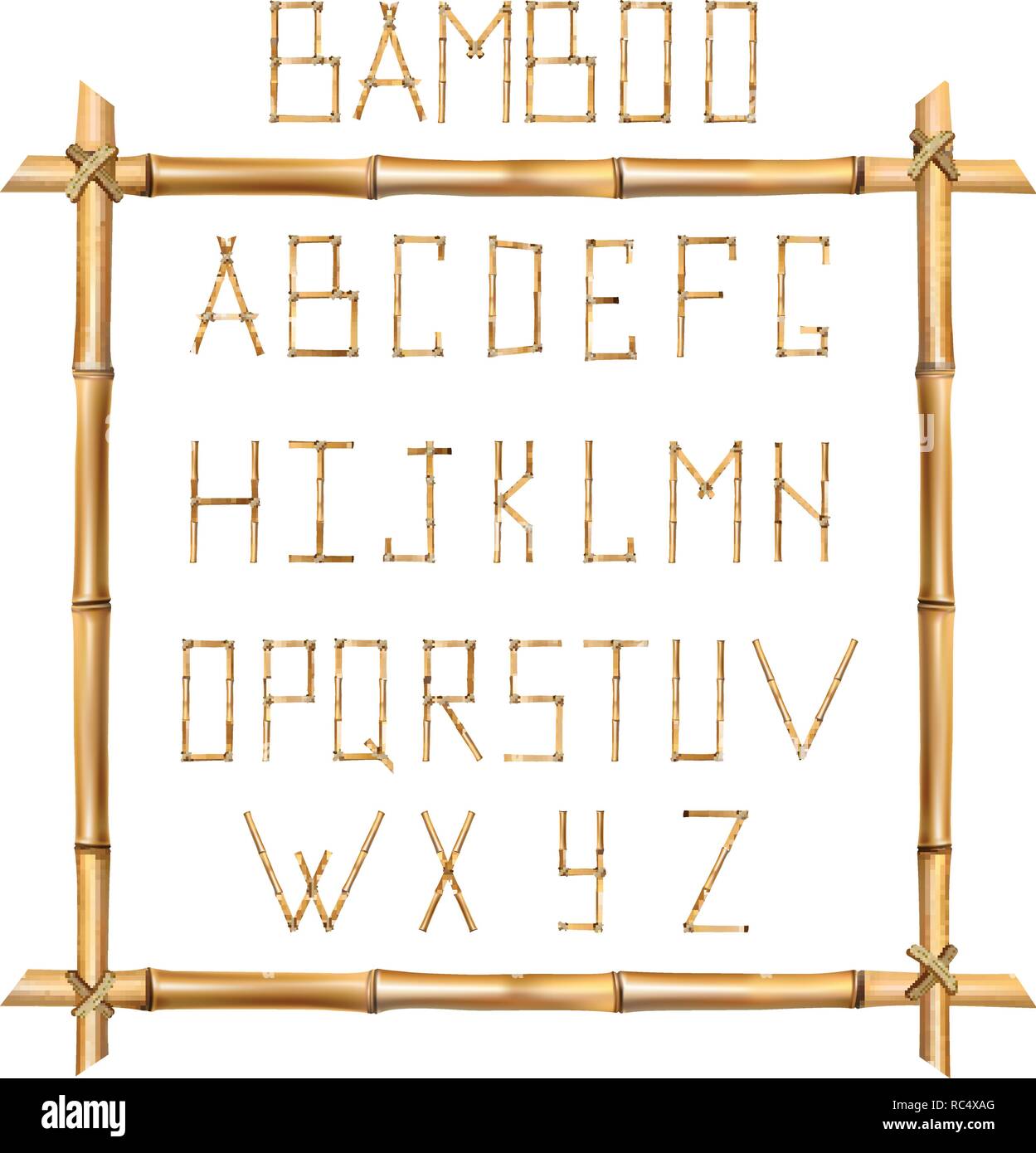 Vektor Bambus Alphabet. Großbuchstaben aus realistischen Braune trockene Bambusstäbe innerhalb der Holzstab Rahmen auf weißem Hintergrund. Abc anhand von quantitativen Simulatio Stock Vektor