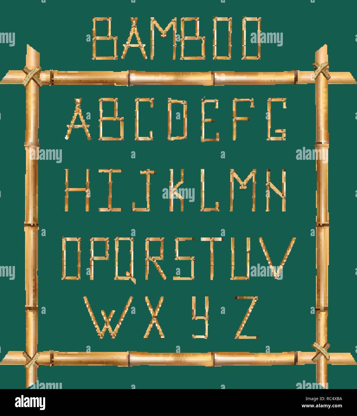Vektor Bambus Alphabet. Großbuchstaben aus realistischen Braune trockene Bambusstäbe innerhalb von hölzernen Stock Frame auf grünem Hintergrund isoliert. Abc anhand von quantitativen Simulatio Stock Vektor