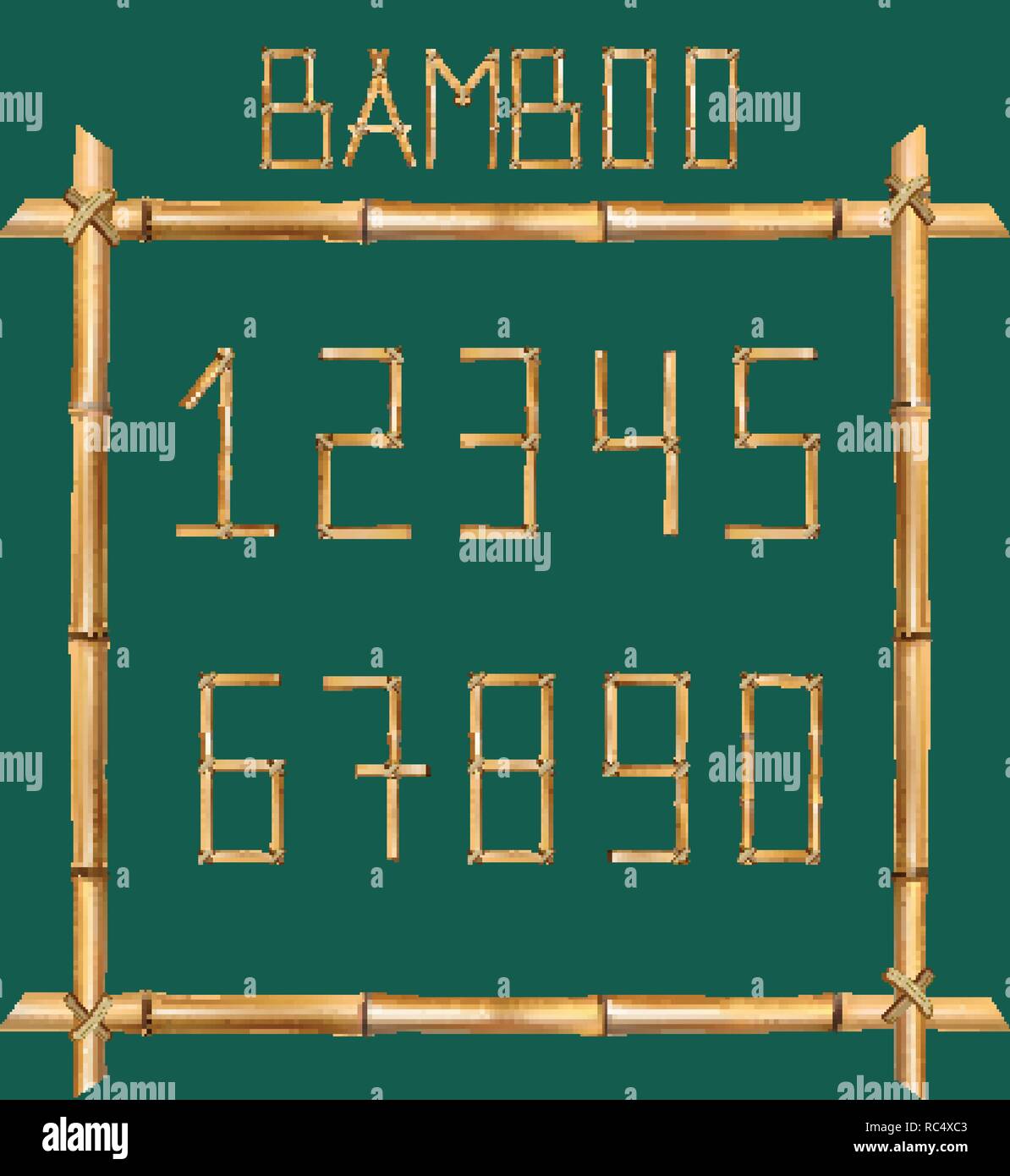 Vektor Bambus Ziffern Ziffern aus realistischen Braune trockene Bambusstäbe innerhalb von hölzernen Stock Frame auf grünem Hintergrund isoliert. Zahlen Konzept für Stock Vektor