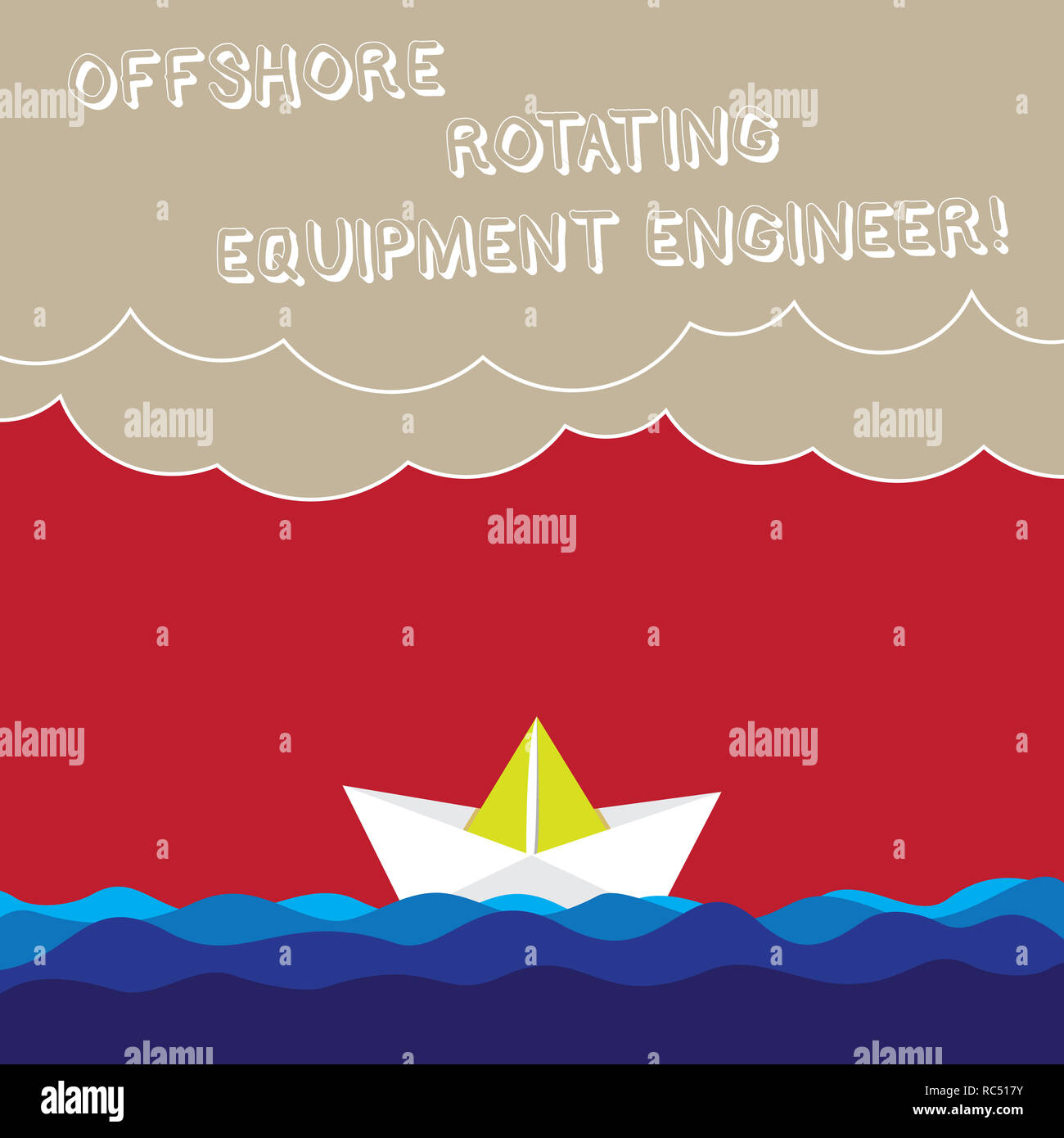 Wort schreiben Text Offshore Rotating Equipment Engineer. Business Konzept für Öl- und Gasindustrie engineering Wave schwere Wolken und Papier Boot Seascap Stockfoto