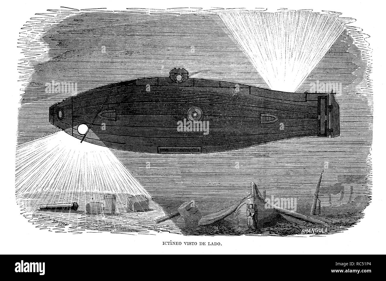 El Ictíneo, de Narciso Monturiol (1819-1885). Proyecto del Submarino, vista lateral. Grabado de 1860. Stockfoto
