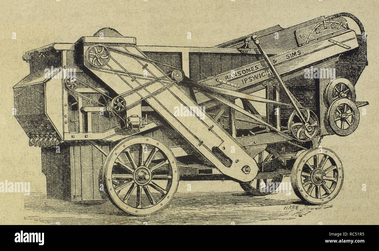 Industrielle Revolution. Landwirtschaftliche Maschinen. Dreschmaschine. K-Serie. Kupferstich von Haure. La Ilustracion Espanola y Americana, 1870. Stockfoto