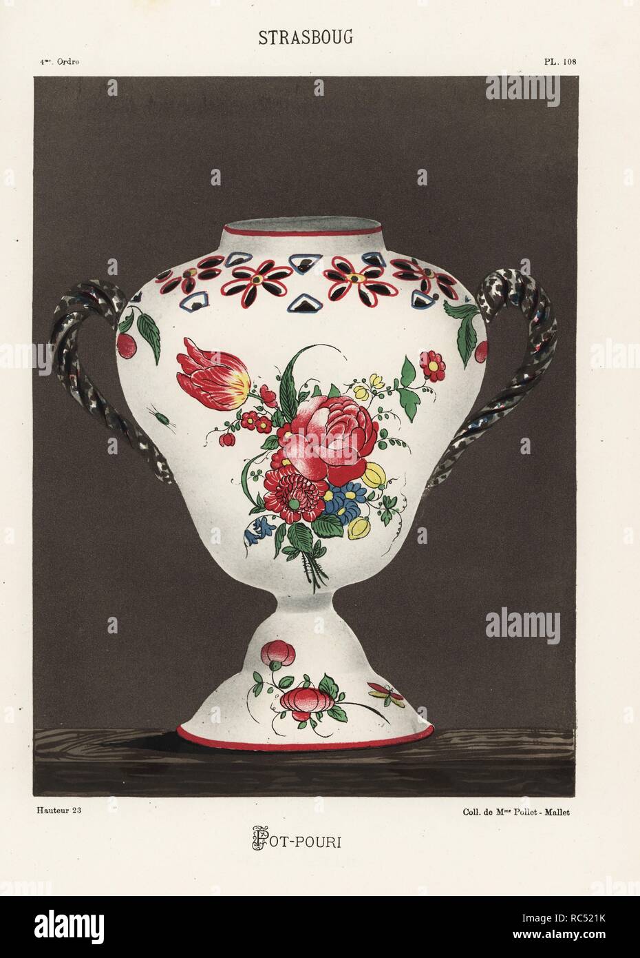 Pot-Pourri Vase aus Straßburg, verziert 18. Jahrhundert, mit botanischen Malerei. Handgefertigte Farblitho von Ris Paquots allgemeine Geschichte der alten französischen und ausländischen glasierte Keramik, Chez l'Auteur, Paris, 1874. Stockfoto