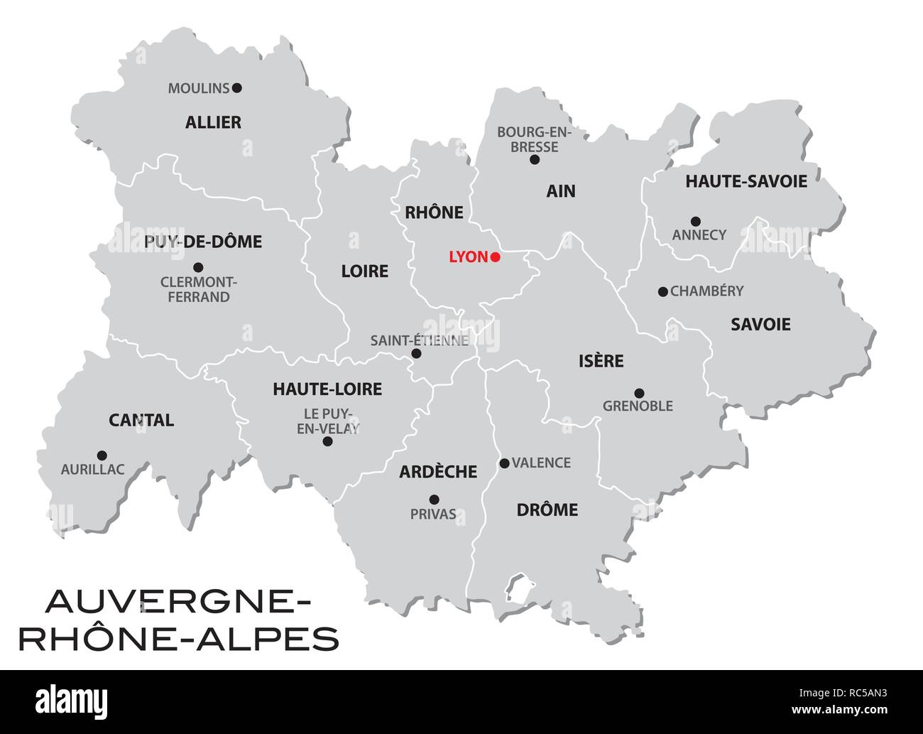 Einfachen grauen administrative Karte der neuen französischen Region Auvergne-Rhone-Alpes Stock Vektor