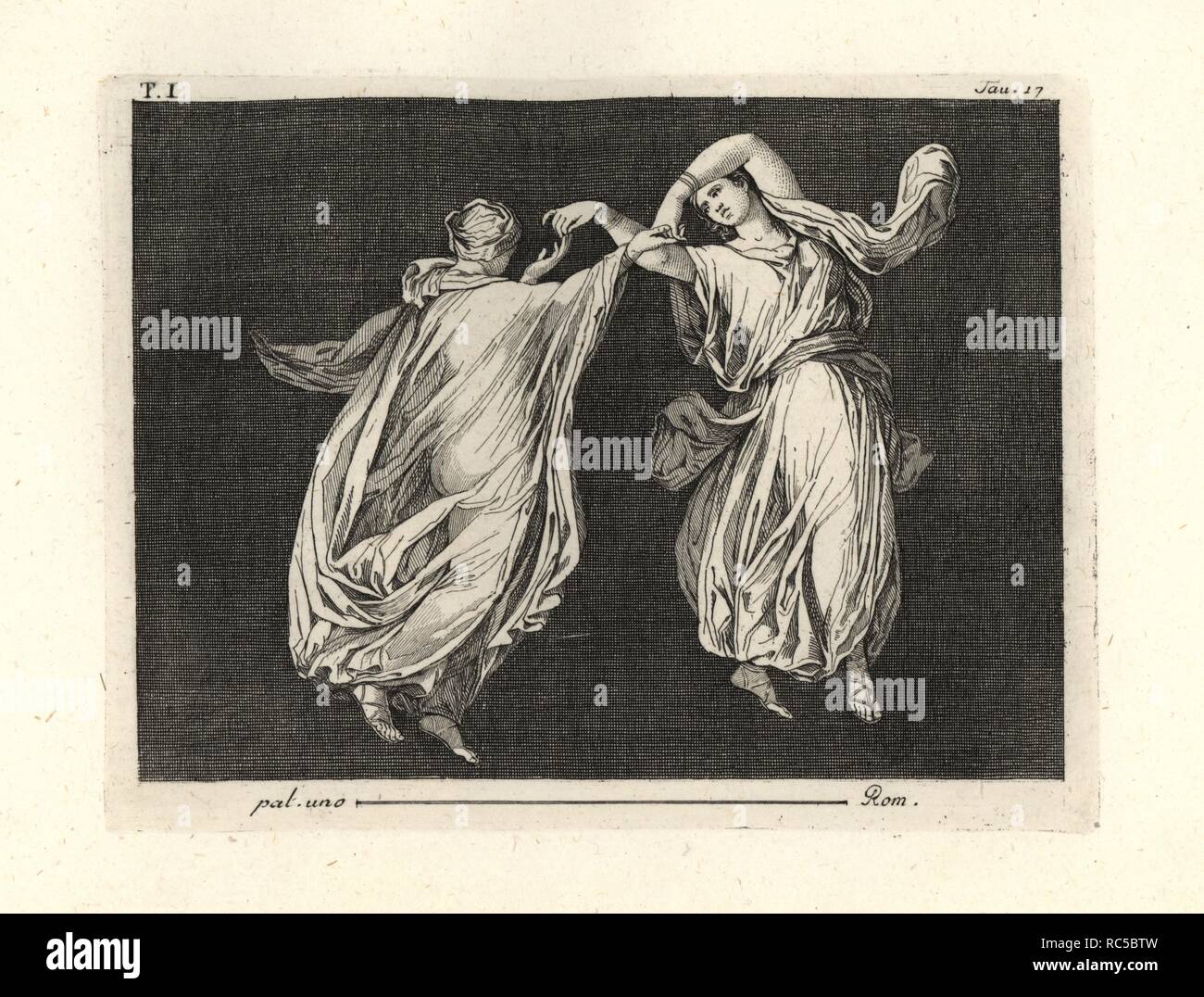 Die Malerei von Wand von einem Raum entfernt, vielleicht ein TRICLINIUM oder im Speisesaal, in einem Haus in Pompeji im Jahre 1749. Es zeigt zwei Tänzer in der feinen transparenten Roben von Grün und Gelb, elegant tanzen zusammen berühren Daumen und Zeigefinger. Kupferstich von Tommaso Piroli aus seiner eigenen'Antichita di Ercolano" (altertümer von Herculaneum), Rom, 1789 eingraviert. Italienischen Maler und Kupferstecher Piroli (1752-1824) veröffentlicht sechs Bände zwischen 1789 und 1807 dokumentieren die Wandmalereien und Bronzen in Heraculaneum und Pompeji gefunden. Stockfoto