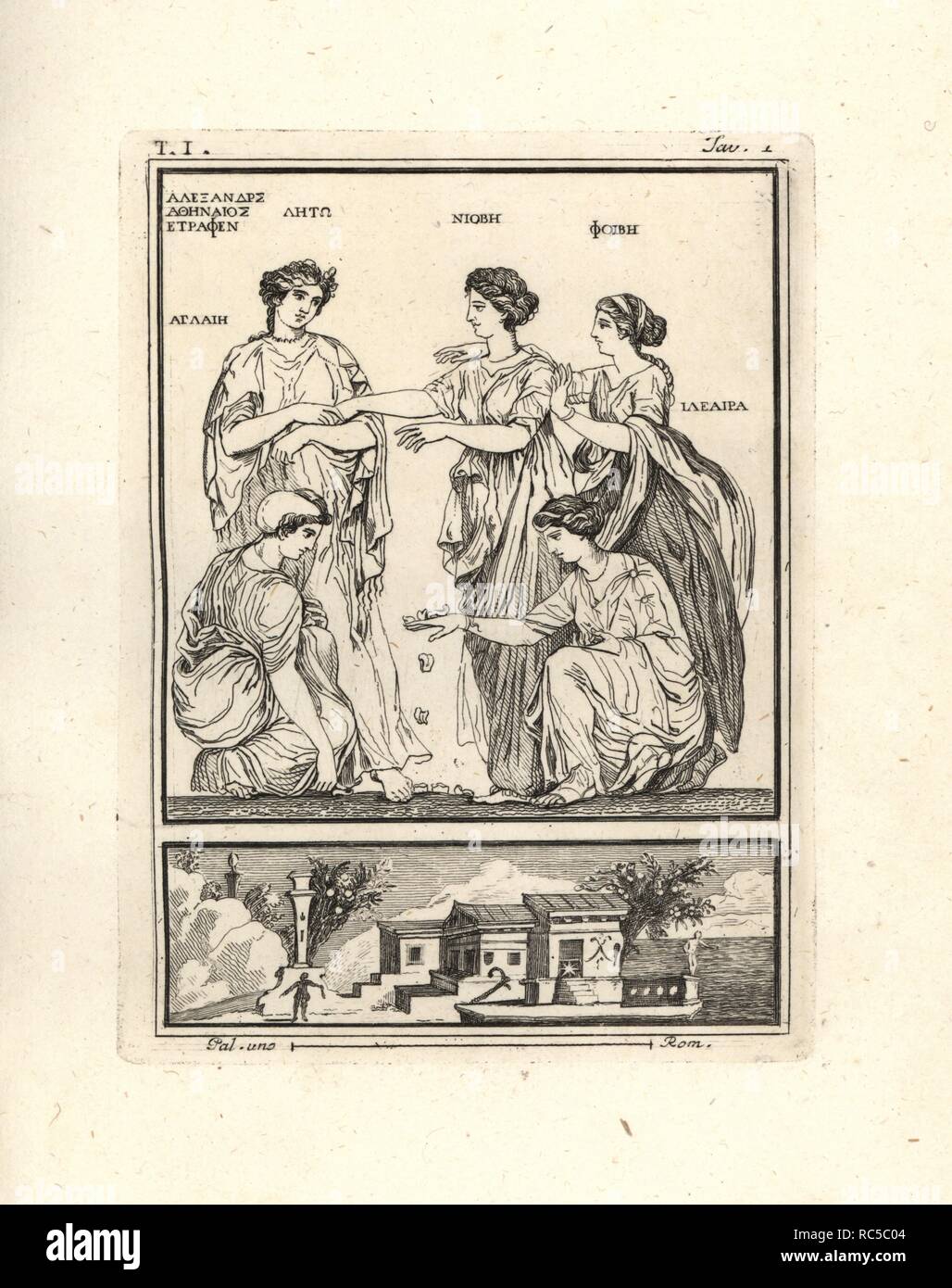 Die römische Göttinnen Latona, Niobe, Phoebe, Aglaia (der jüngste der drei Grazien) und Hileaera, die beiden letzteren ein Spiel der Astragali oder Knucklebones. Malerei auf Marmor von Alexander der Athener in Resina im Mai 1786 entdeckt. Kupferstich von Tommaso Piroli aus seiner eigenen'Antichita di Ercolano" (altertümer von Herculaneum), Rom, 1789 eingraviert. Italienischen Maler und Kupferstecher Piroli (1752-1824) veröffentlicht sechs Bände zwischen 1789 und 1807 dokumentieren die Wandmalereien und Bronzen in Heraculaneum und Pompeji gefunden. Stockfoto