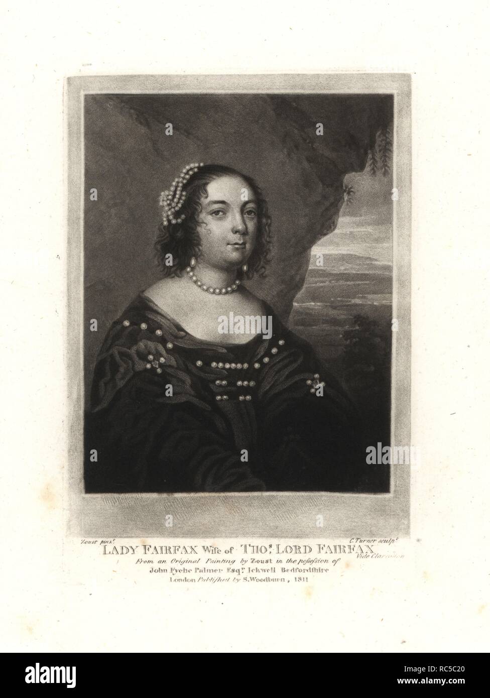 Anne de Vere, Lady Fairfax, Ehefrau von Thomas Lord Fairfax von Cameron, starb 1665. Kupferstich schabkunstblatt von Charles Turner nach einem original Gemälde von Gerard van Soest (Zoust) von Samuel Woodburn Porträts von Zeichen Illustre in der britischen Geschichte, London, 1811. Stockfoto