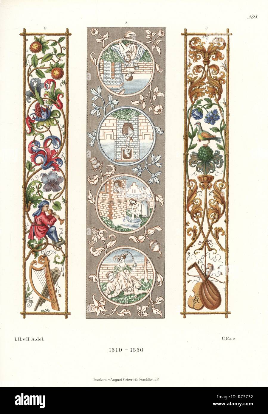 Ornamente in Wandteppichen und Gemälden aus der ersten Hälfte des 16. Jahrhunderts. Darstellungen von Samson und Delilah, Bathsheba in ihrer Badewanne und Virgil und Phryne in einem Wandteppich in der Hohenzollern zu Sigmaaringen Sammlung ein und beleuchtete Ornamente mit Obst, Blumen, Piper und Musikinstrumente von der Miniatur Maler Nikolaus Glockendon B, C. Von Hefner-Alteneck Chromolithograph's 'Kostüme, Kunstwerke und Geräte vom Mittelalter bis in das 17. Jahrhundert", Frankfurt, 1889. Illustration von Dr. Jakob Heinrich von Hefner-Alteneck, Lithographiert von C. Regnier. Dr. Hefner-Alteneck (1811-1903) Wa Stockfoto