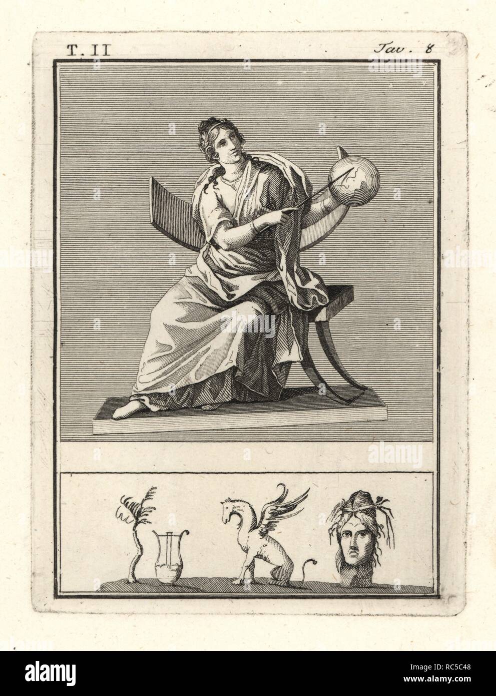 Urania, Muse der Astronomie, mit Himmelsglobus und Personal. Kupferstich von Tommaso Piroli von seinem antiken Herculaneum (Antichita di Ercolano), Rom, 1789. Stockfoto