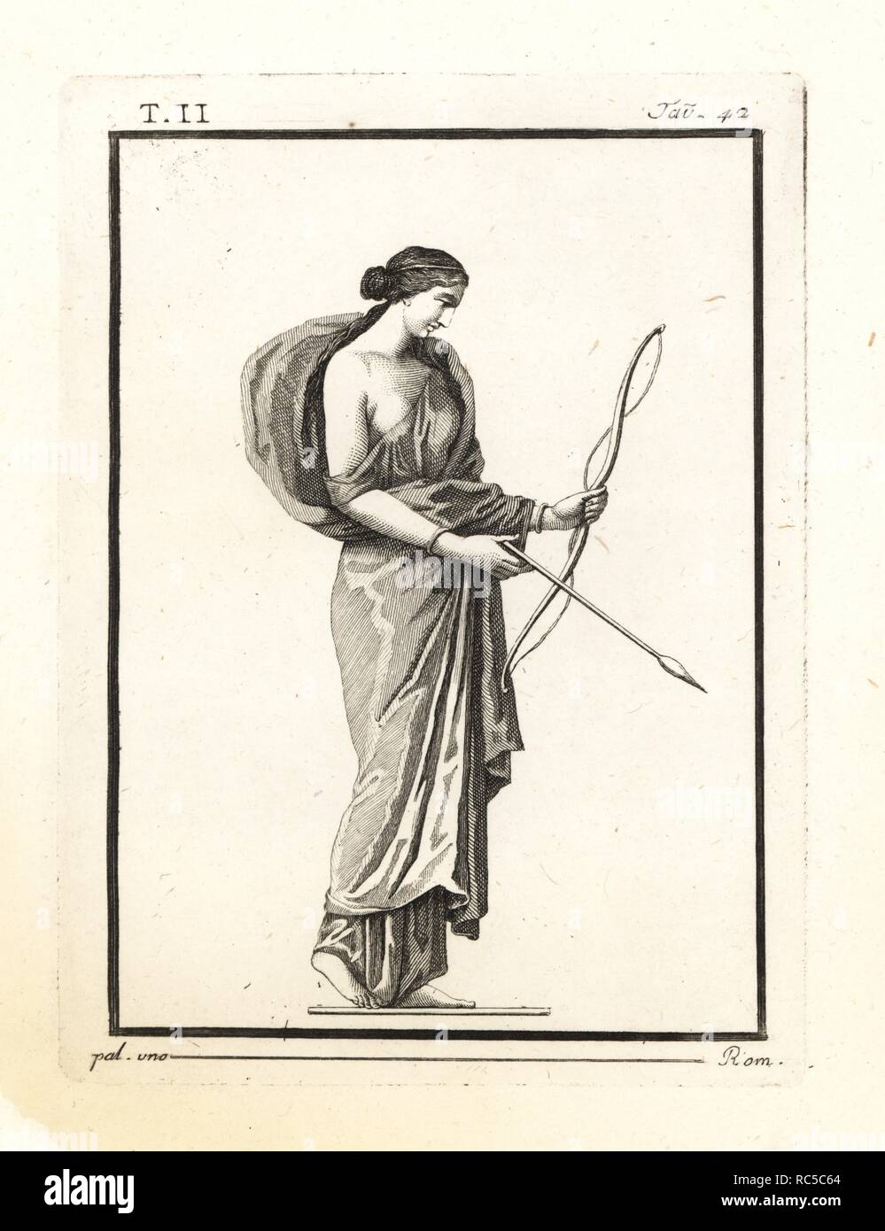 Diana die Jägerin mit Pfeil und Bogen. Kupferstich von Tommaso Piroli von seinem antiken Herculaneum (Antichita di Ercolano), Rom, 1789. Stockfoto