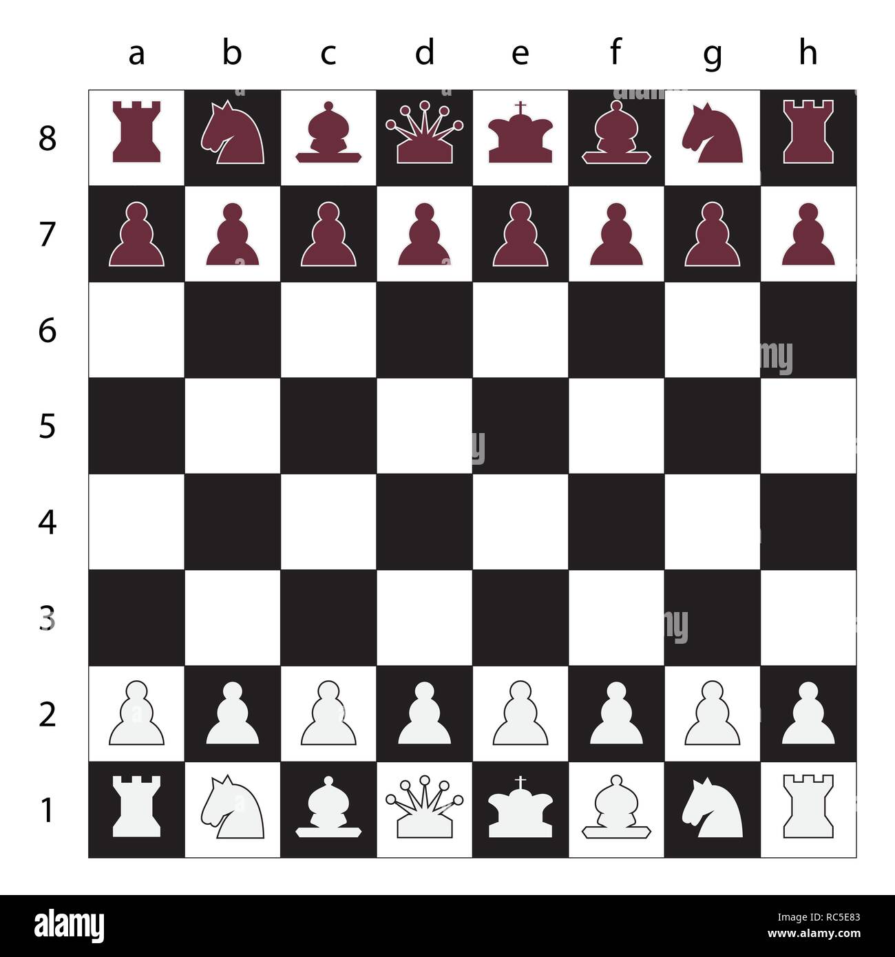 Schachbrett mit Figuren, Schwarz und Weiß, Vector Illustration. Stock Vektor