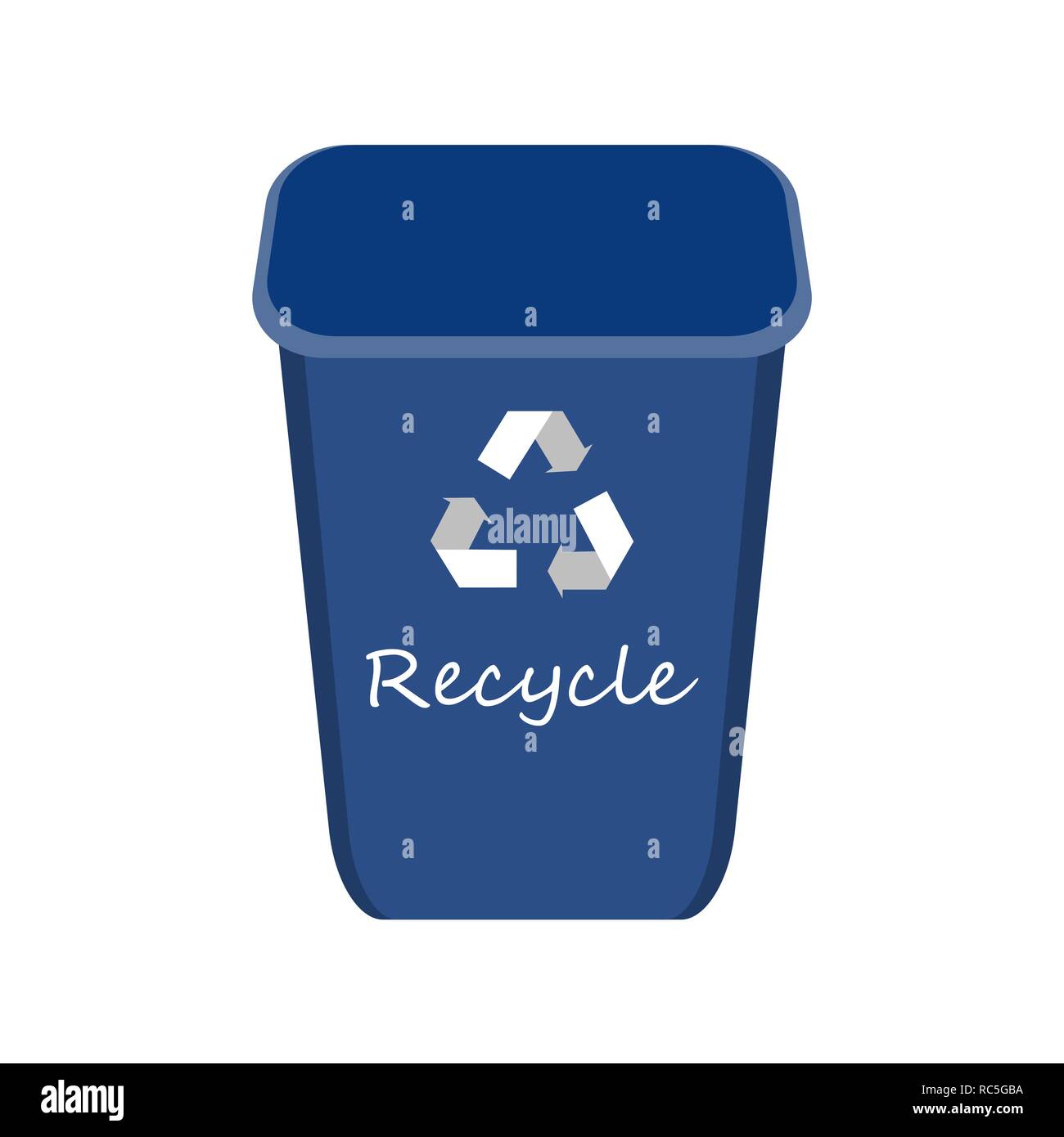 Blauer Papierkorb mit Beispielen für die Trennung und Nutzung von Müll. Speichern der Umwelt Vector Illustration. Stock Vektor