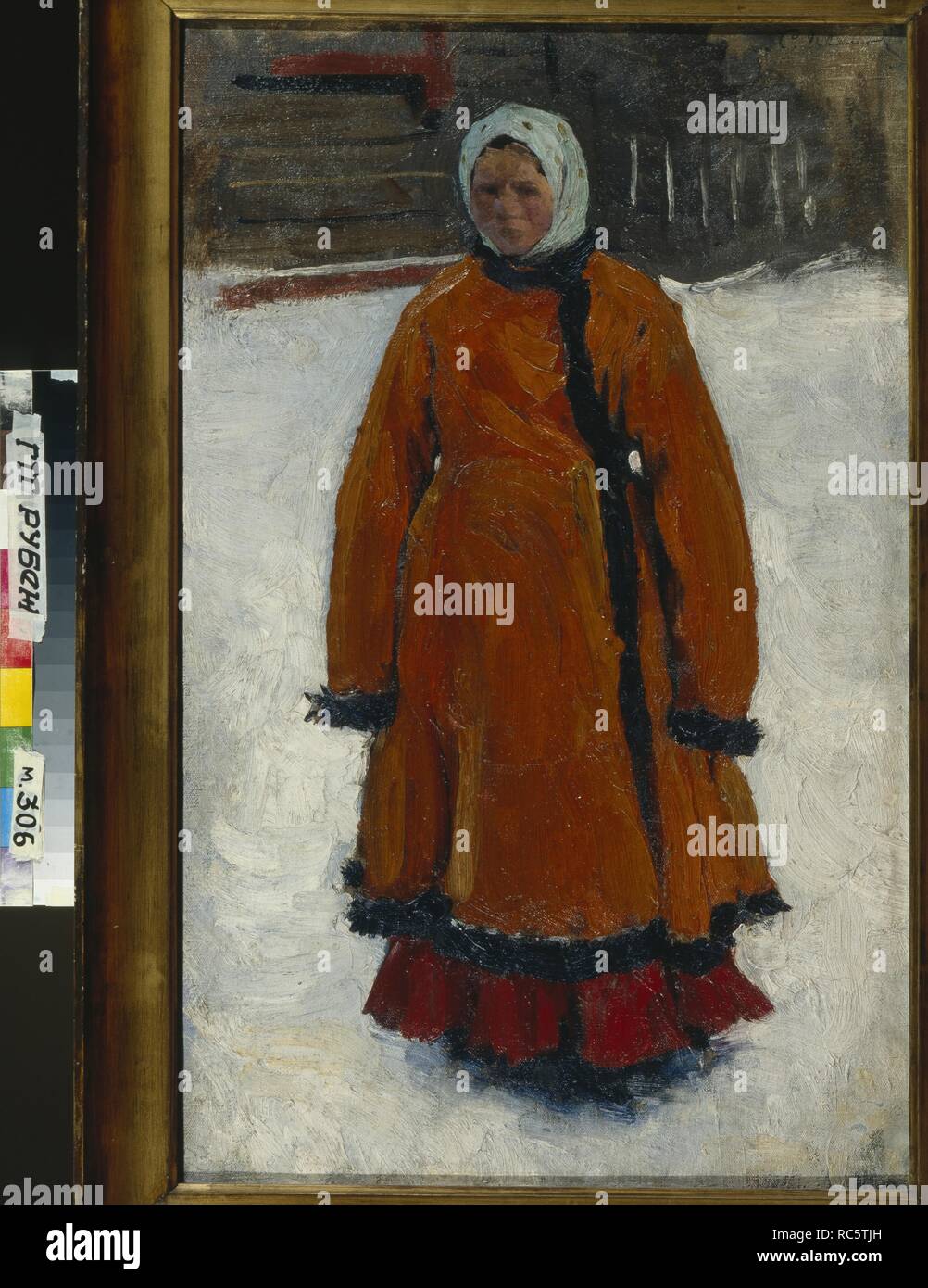 Das Mädchen im roten Mantel. Museum: Staatliche Tretjakow-Galerie, Moskau. Autor: Iwanow, Sergej Wassiljewitsch. Stockfoto