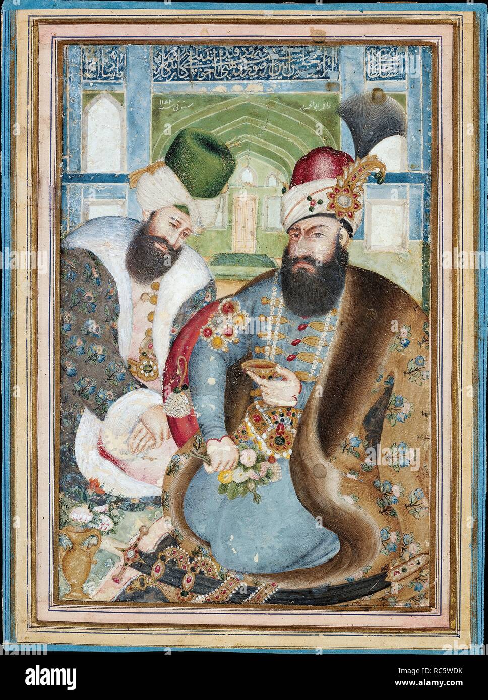 Karim Khan Zand mit dem Osmanischen Botschafter Vehbi Effendi. Museum: Der David Sammlung. Autor: al-ghafari Mustawfi, Abu'l Hasan. Stockfoto