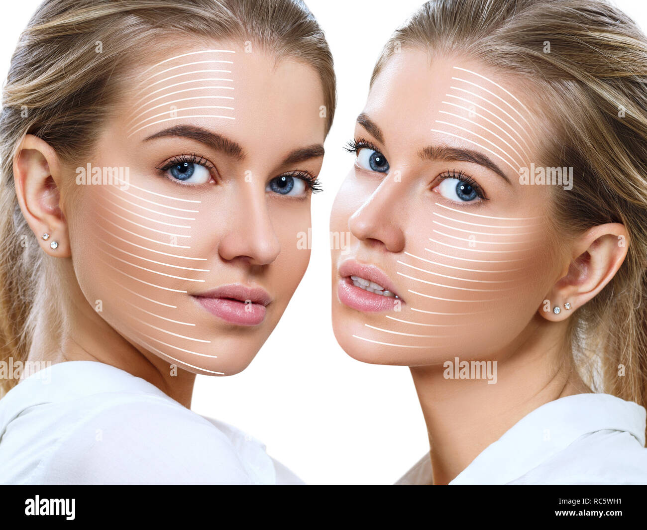 Collage von Frau mit Aufhebung Linien im Gesicht. Stockfoto