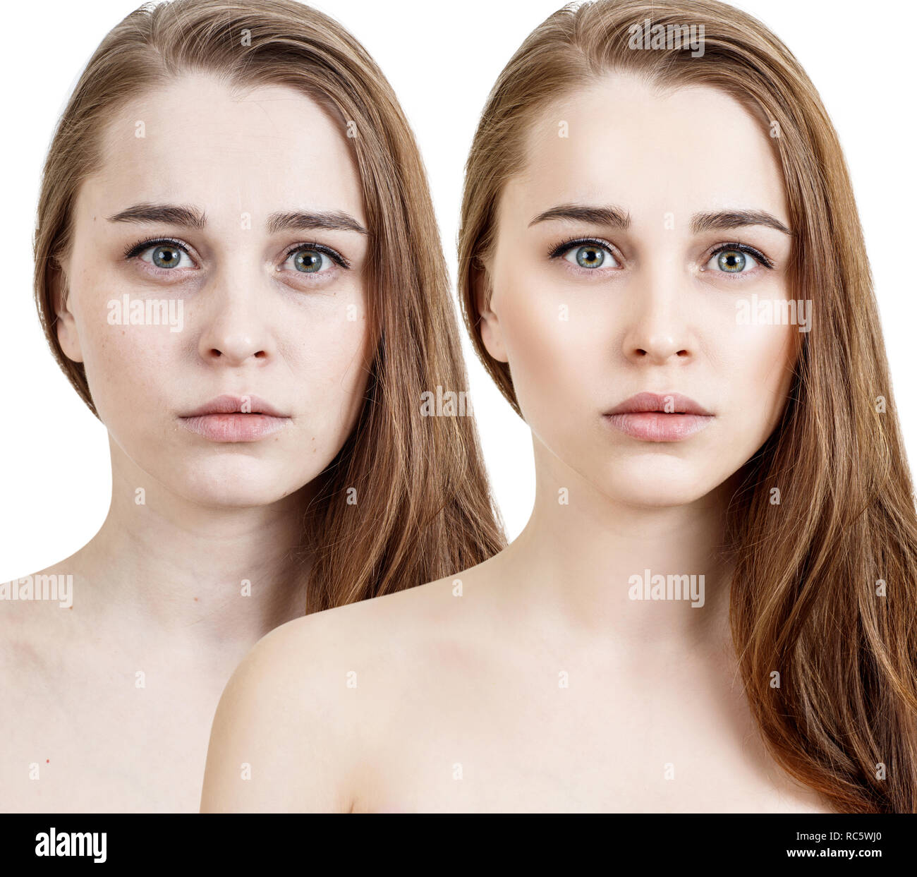 Vergleich-Porträt der jungen Frau vor und nach der Retusche. Stockfoto