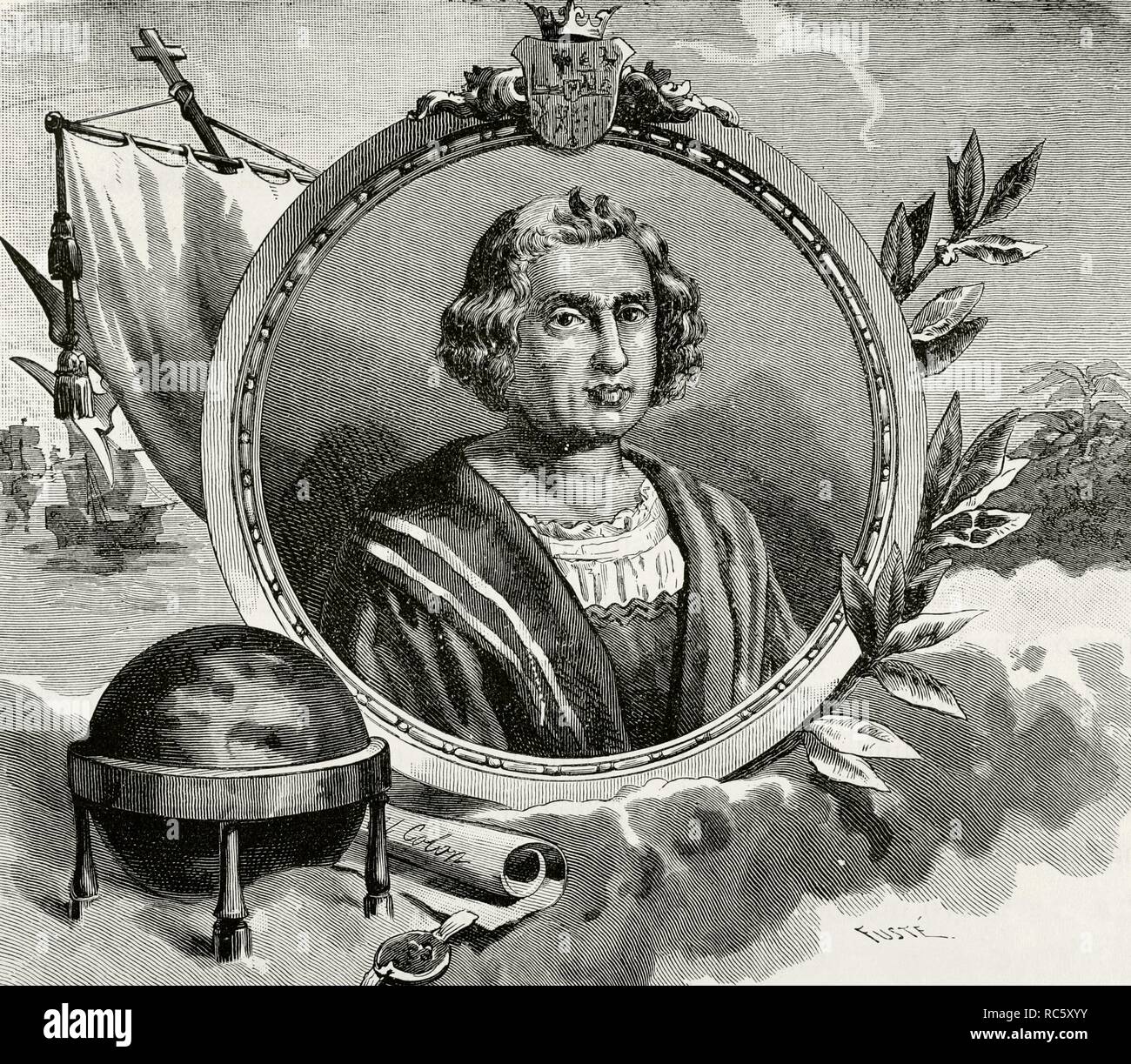 Christopher Columbus (1451-1506). Italienische Explorer, Navigator und Admiral. Entdecker von Amerika 1492. Porträt. Gravur. La Civilizacion (der Zivilisation), Band III, 1882. Stockfoto