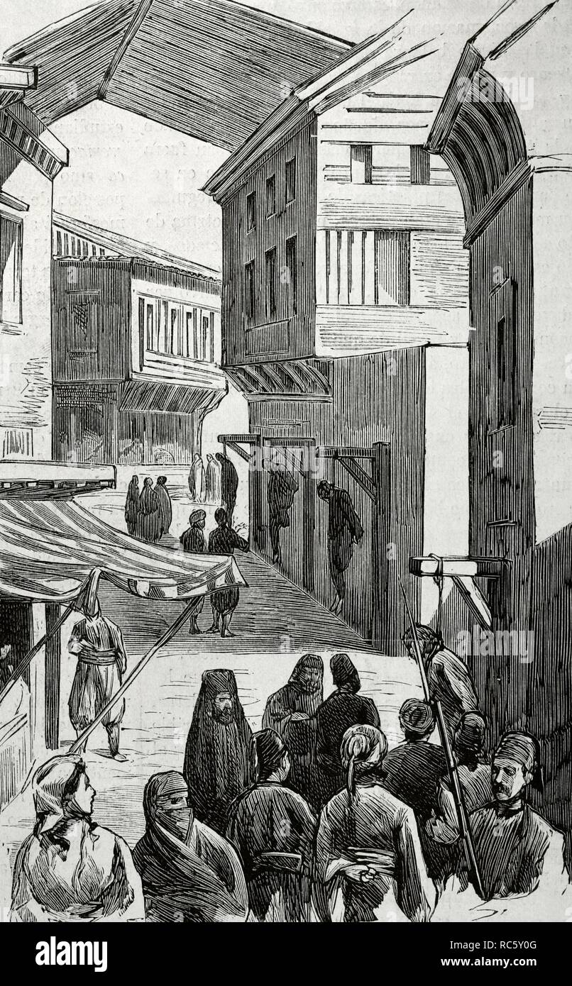Cuestión de Oriente. Imperio Otomano. Con el Schwächung del imperio Turco nacionalistas empiezan Los movimientos de la Zona de los Balcanes. En Bulgarien se Vive el Levantamiento de abril de 1876 con una Fuerte represión por Parte de las Autoridades turcas. Ejecución de insurrectos búlgaros en las Calles de Philippopolis. Grabado. La Ilustración Española y Americana, 22 de Agosto de 1876. Biblioteca Histórico Militar de Barcelona. Catalunya, España. Stockfoto